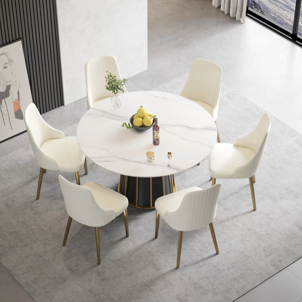 Table de salle à manger Marbella en pierre frittée | Ronde 53 cm, blanc brillant, avec piètement en métal