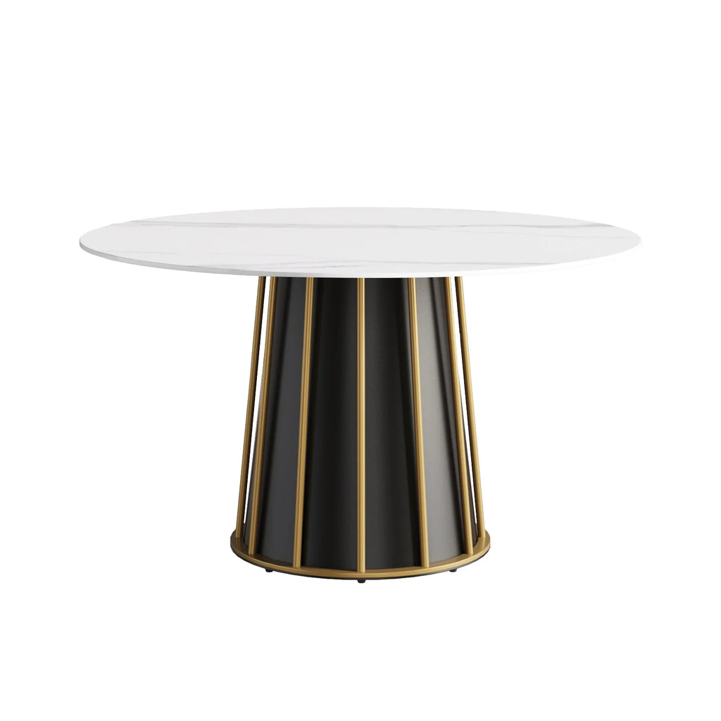 Table de salle à manger Marbella en pierre frittée | Ronde 53 cm, blanc brillant, avec piètement en métal