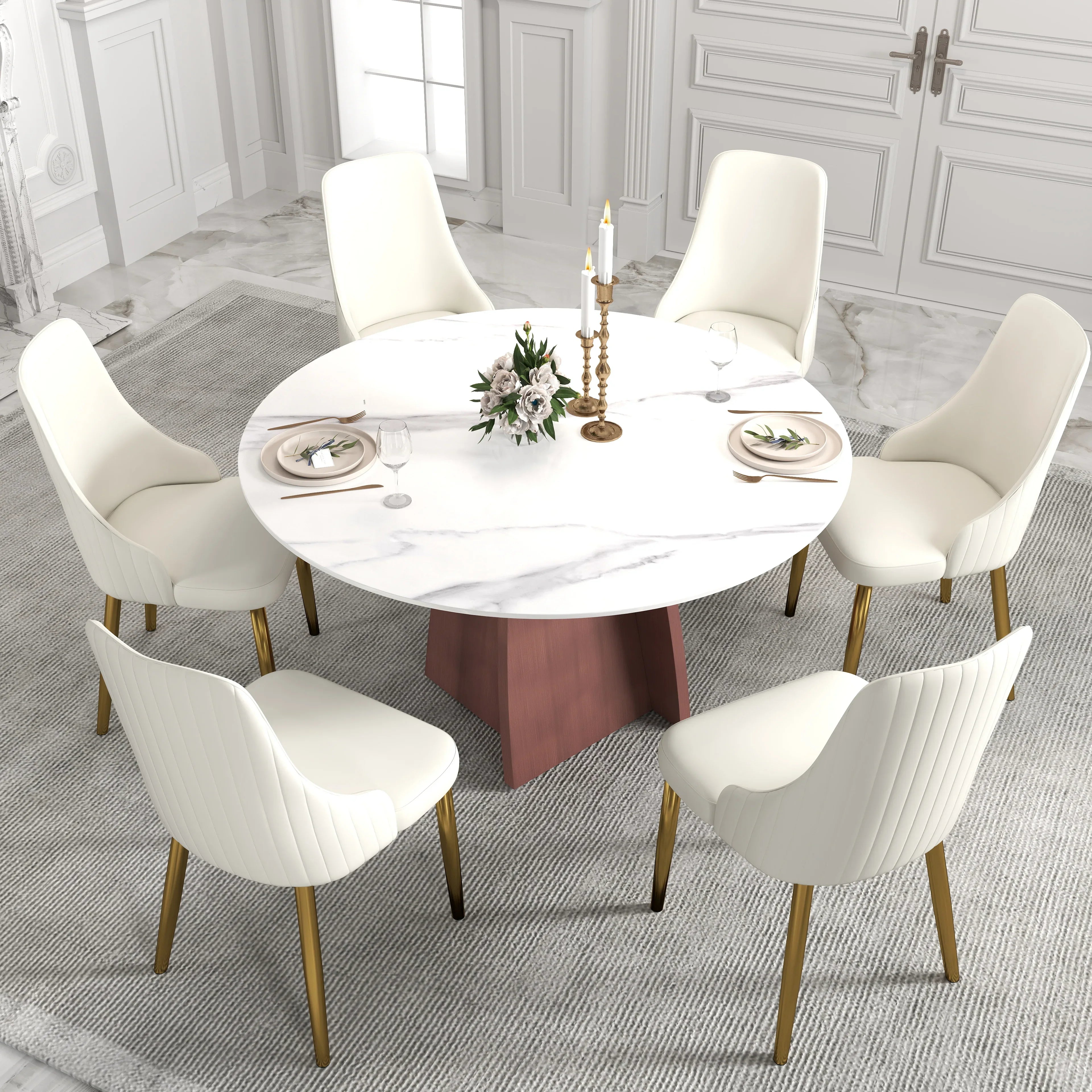 Table de salle à manger Marbella en pierre frittée | Ronde 53 cm, blanc brillant, avec piètement en métal