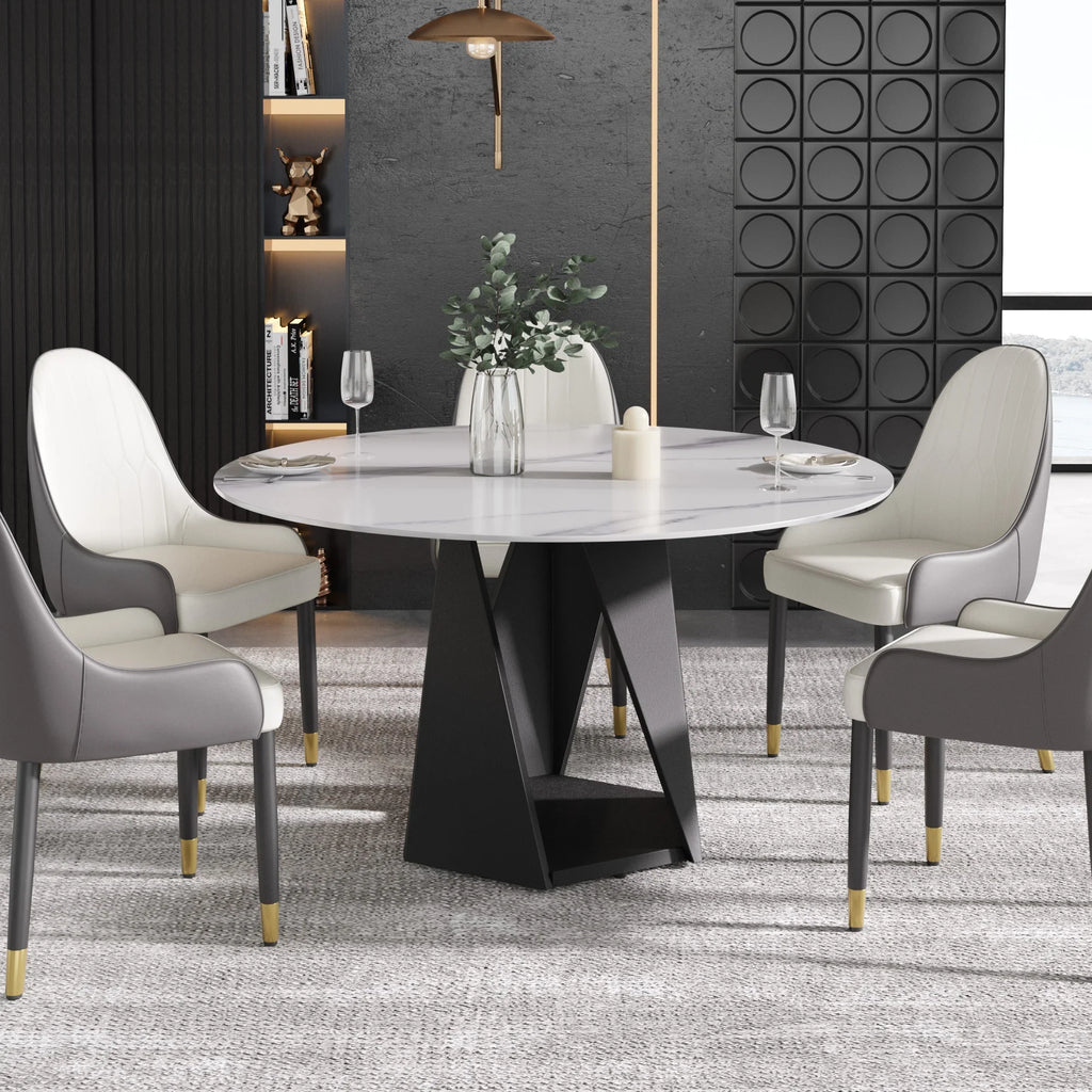 Table de salle à manger Marbella en pierre frittée | Ronde 53 cm, blanc brillant, avec piètement en métal