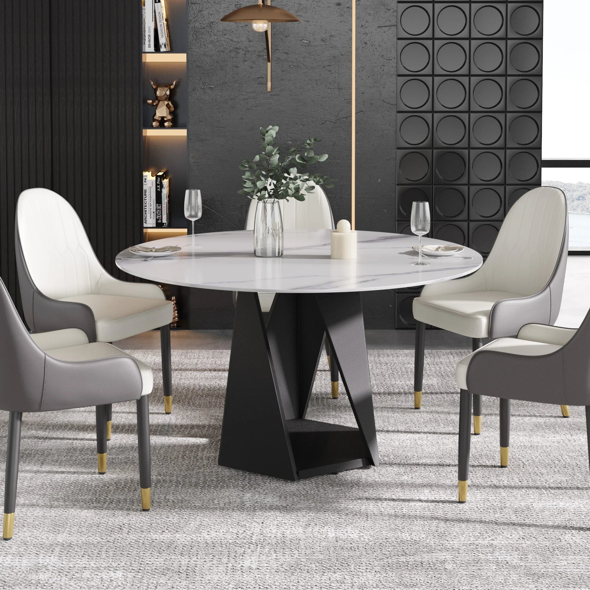 Table de salle à manger Marbella en pierre frittée | Ronde 53 cm, blanc brillant, avec piètement en métal