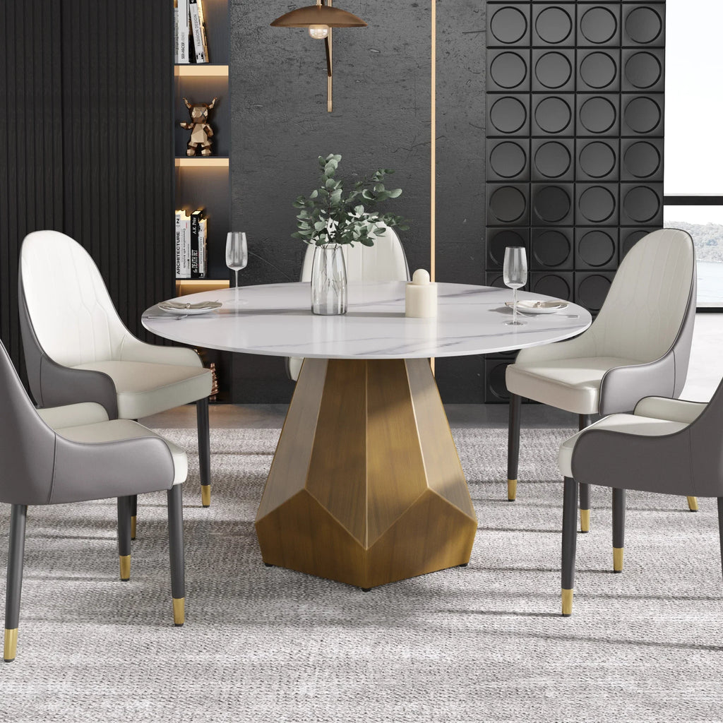Table de salle à manger Marbella en pierre frittée | Ronde 53 cm, blanc brillant, avec piètement en métal