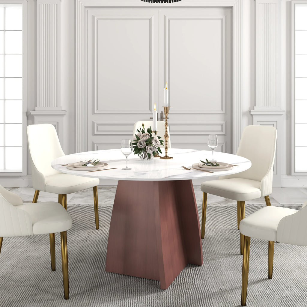 Table de salle à manger Marbella en pierre frittée | Ronde 53 cm, blanc brillant, avec piètement en métal