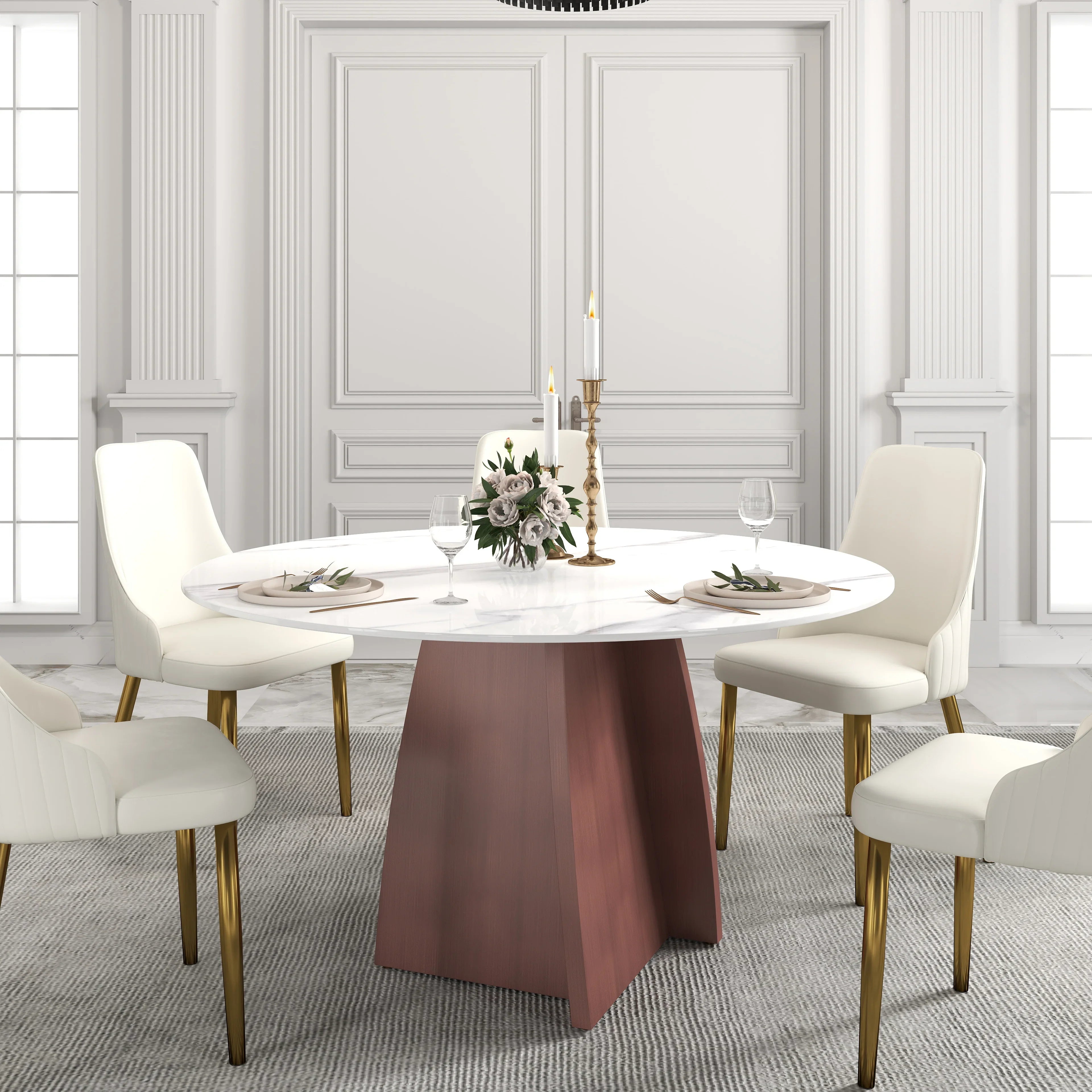 Table de salle à manger Marbella en pierre frittée | Ronde 53 cm, blanc brillant, avec piètement en métal
