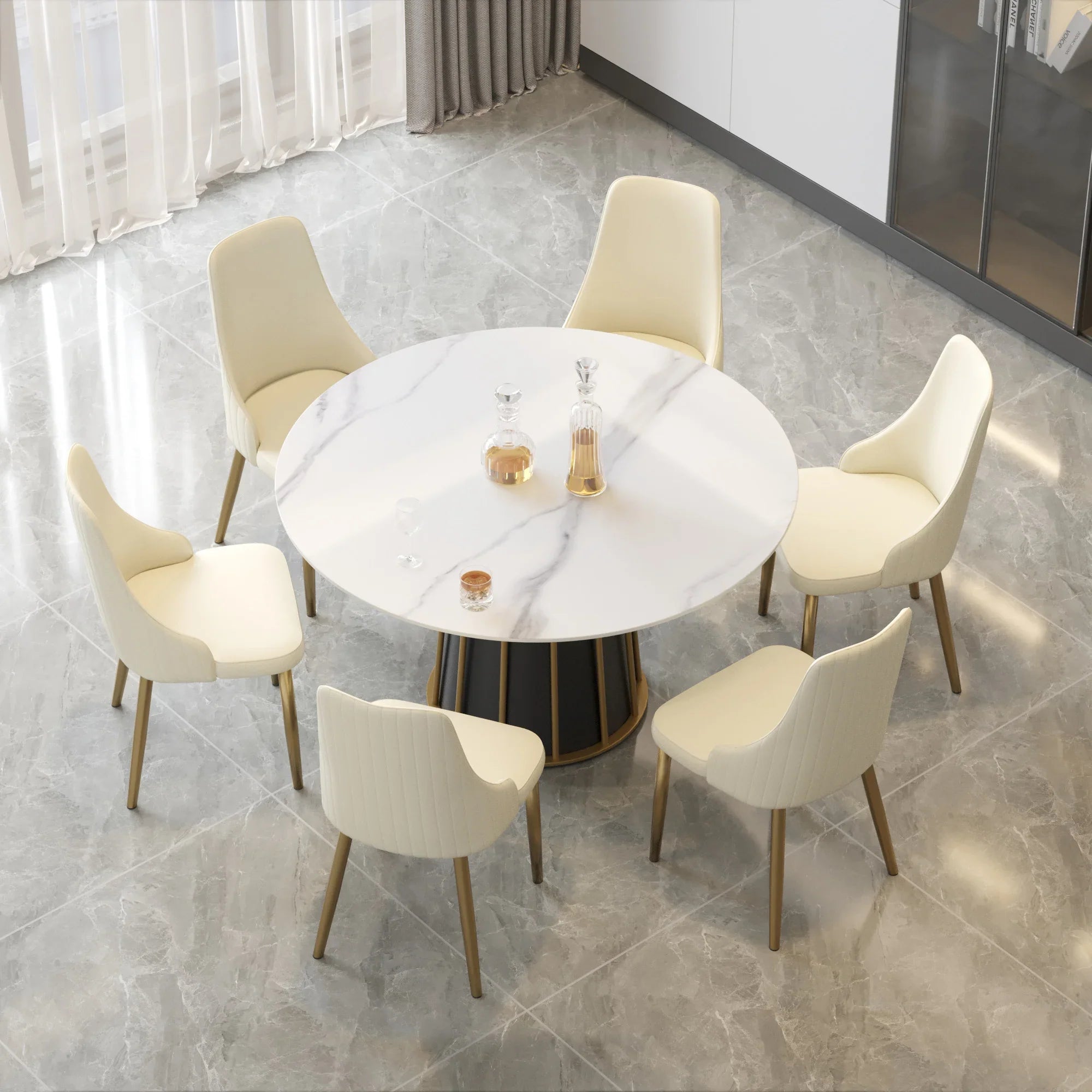 Table de salle à manger Marbella en pierre frittée | Ronde 53 cm, blanc brillant, avec piètement en métal