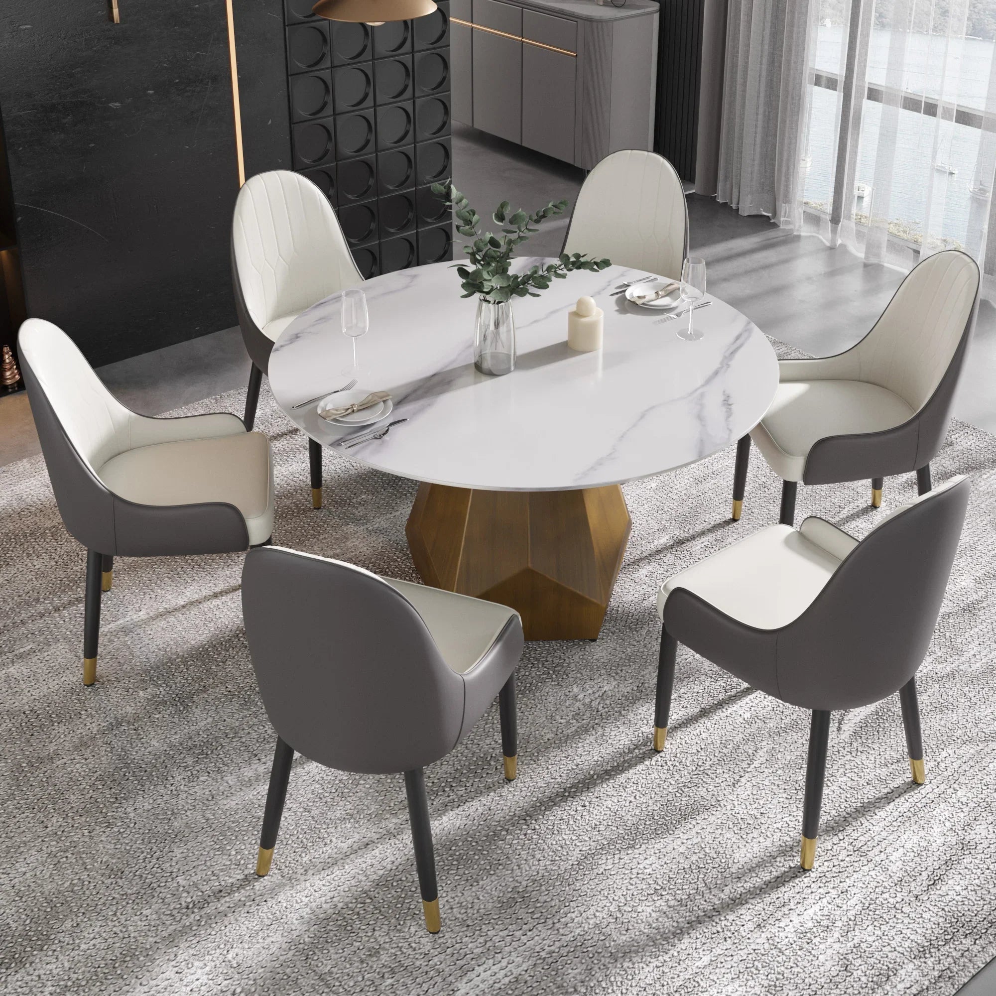 Table de salle à manger Marbella en pierre frittée | Ronde 53 cm, blanc brillant, avec piètement en métal