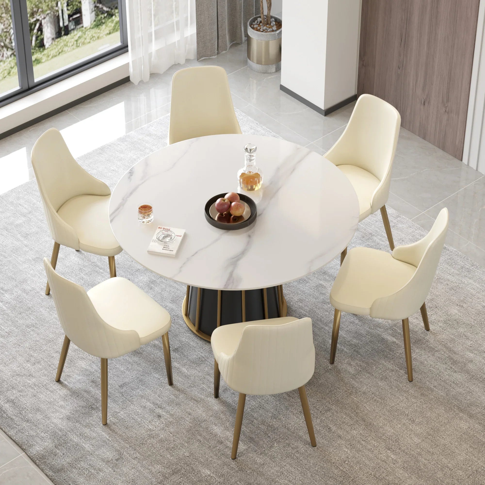 Table de salle à manger Marbella en pierre frittée | Ronde 53 cm, blanc brillant, avec piètement en métal
