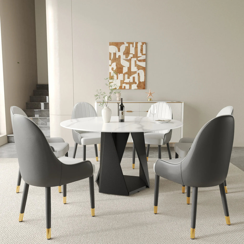 Table de salle à manger Marbella en pierre frittée | Ronde 53 cm, blanc brillant, avec piètement en métal