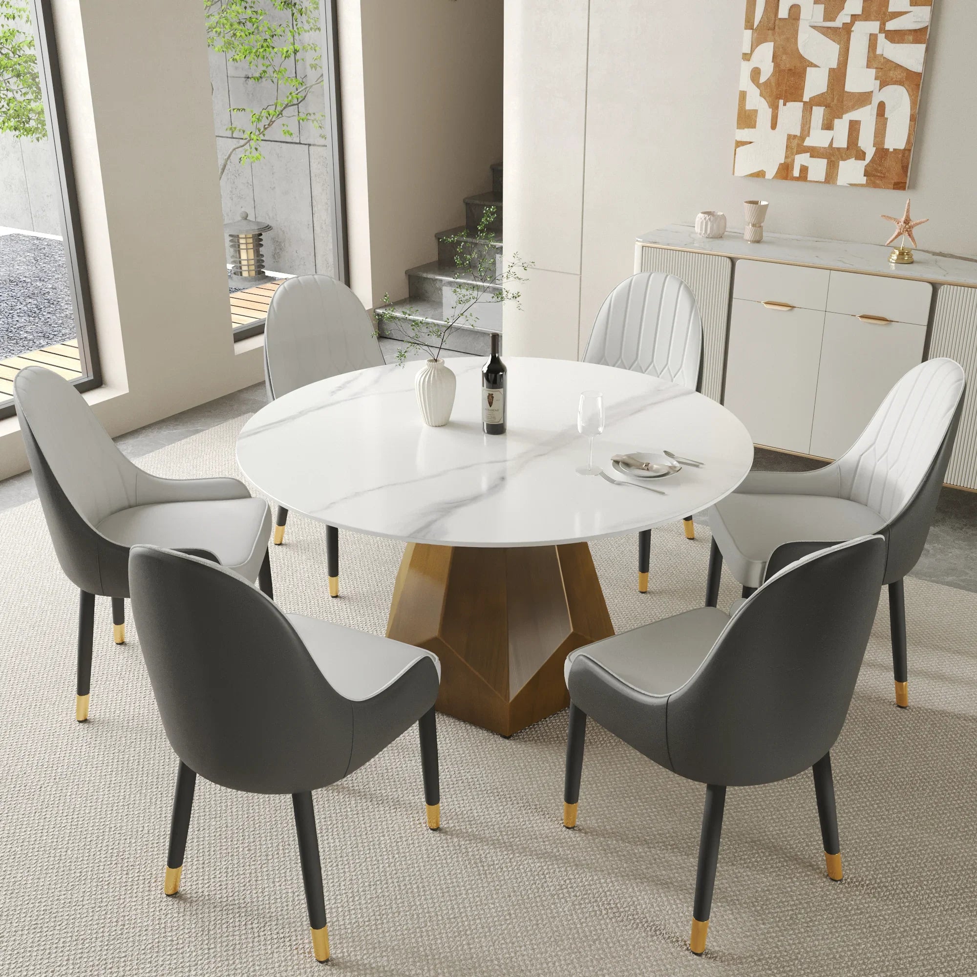 Table de salle à manger Marbella en pierre frittée | Ronde 53 cm, blanc brillant, avec piètement en métal