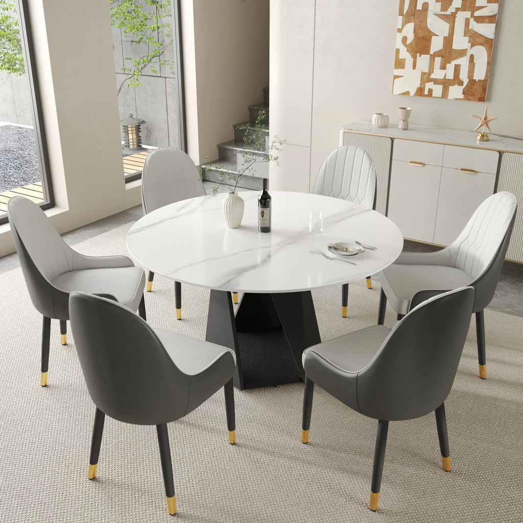 Table de salle à manger Marbella en pierre frittée | Ronde 53 cm, blanc brillant, avec piètement en métal