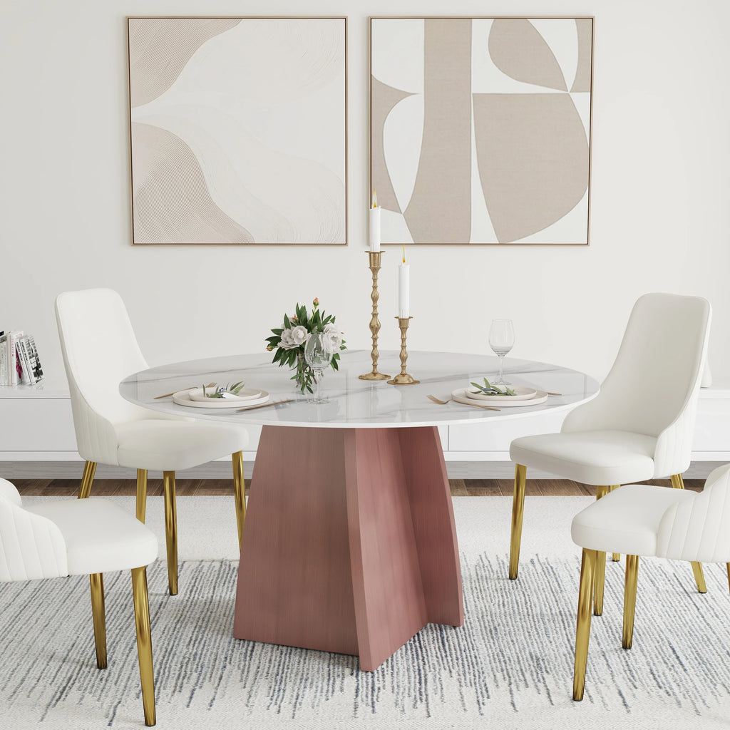 Table de salle à manger Marbella en pierre frittée | Ronde 53 cm, blanc brillant, avec piètement en métal