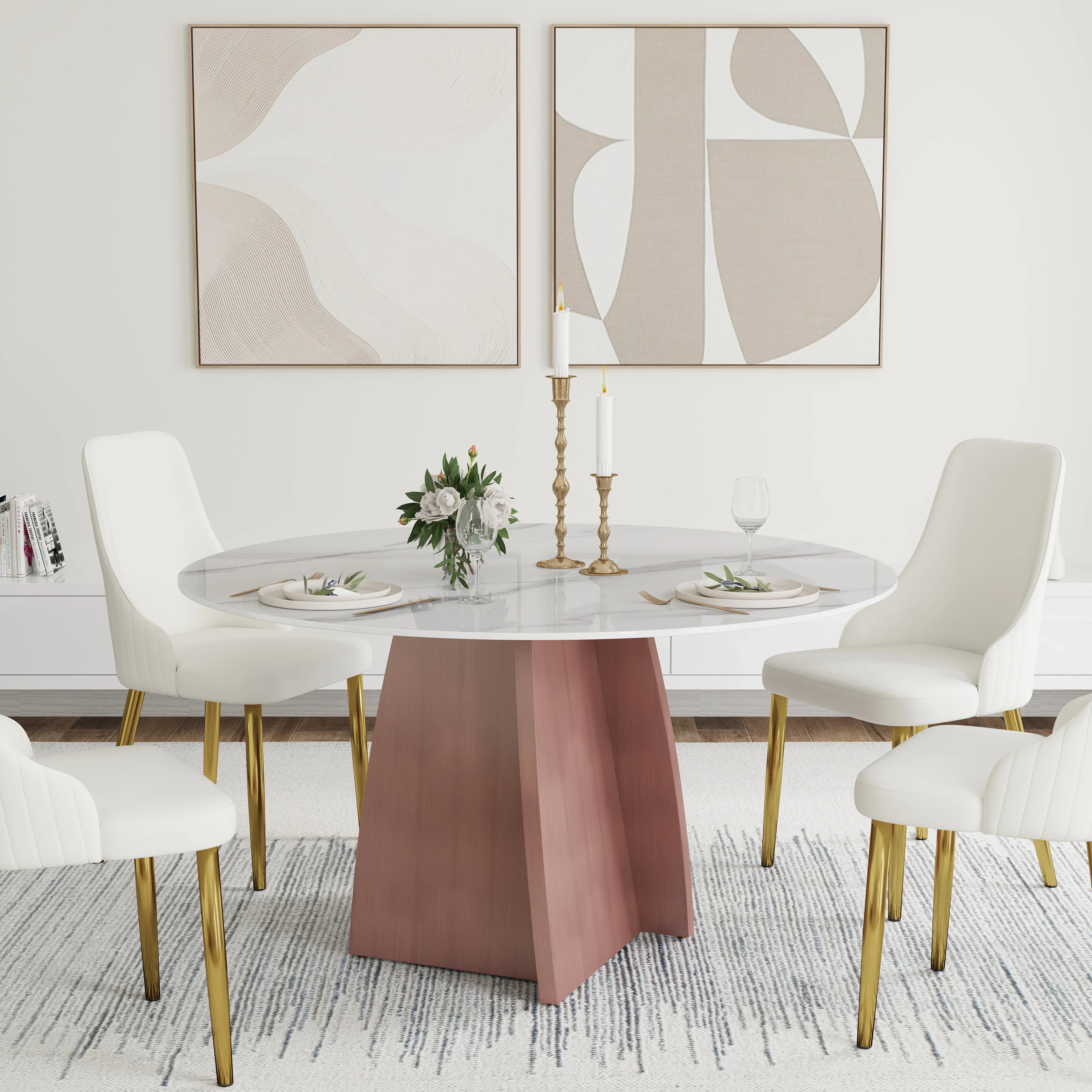 Table de salle à manger Marbella en pierre frittée | Ronde 53 cm, blanc brillant, avec piètement en métal