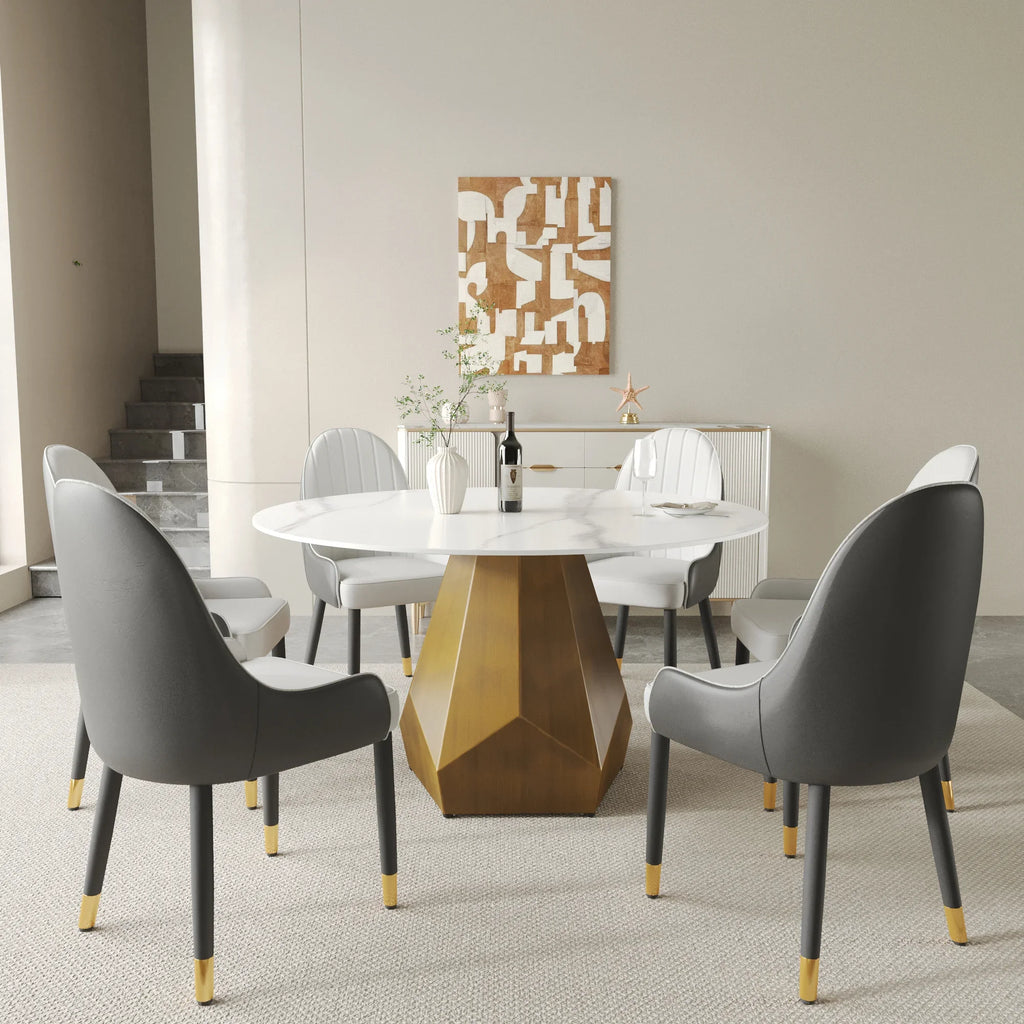 Table de salle à manger Marbella en pierre frittée | Ronde 53 cm, blanc brillant, avec piètement en métal