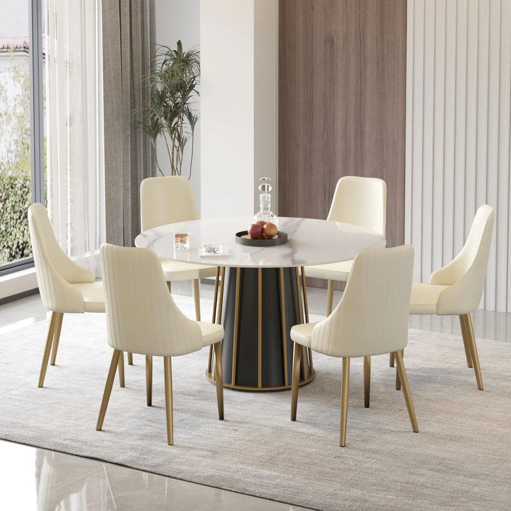Table de salle à manger Marbella en pierre frittée | Ronde 53 cm, blanc brillant, avec piètement en métal