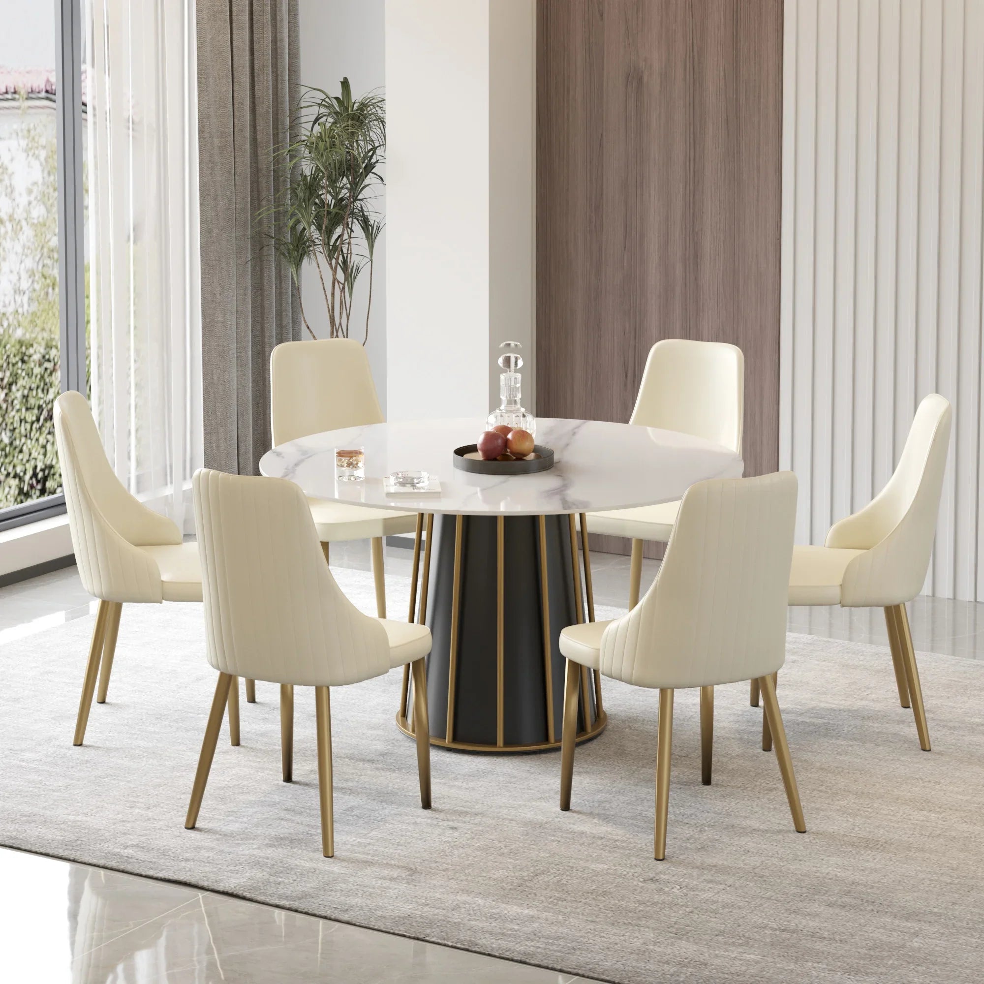 Table de salle à manger Marbella en pierre frittée | Ronde 53 cm, blanc brillant, avec piètement en métal