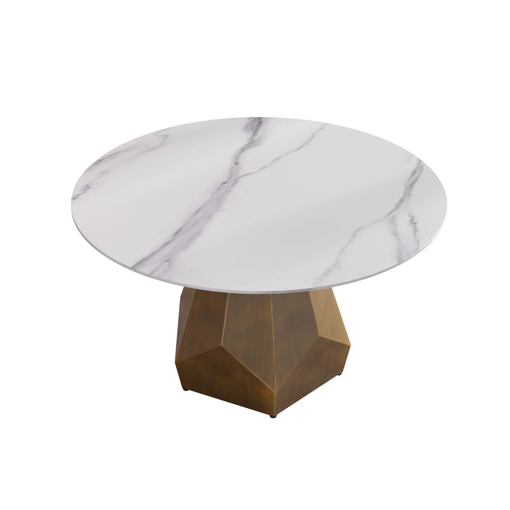 Table de salle à manger Marbella en pierre frittée | Ronde 53 cm, blanc brillant, avec piètement en métal