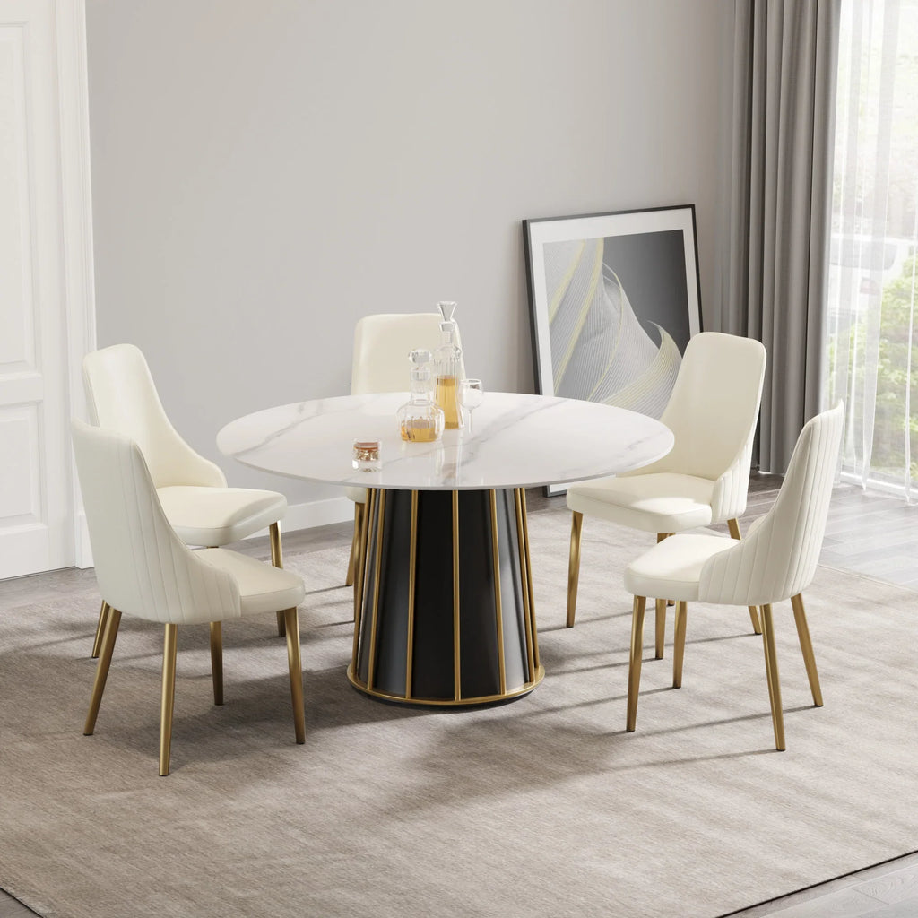 Table de salle à manger Marbella en pierre frittée | Ronde 53 cm, blanc brillant, avec piètement en métal