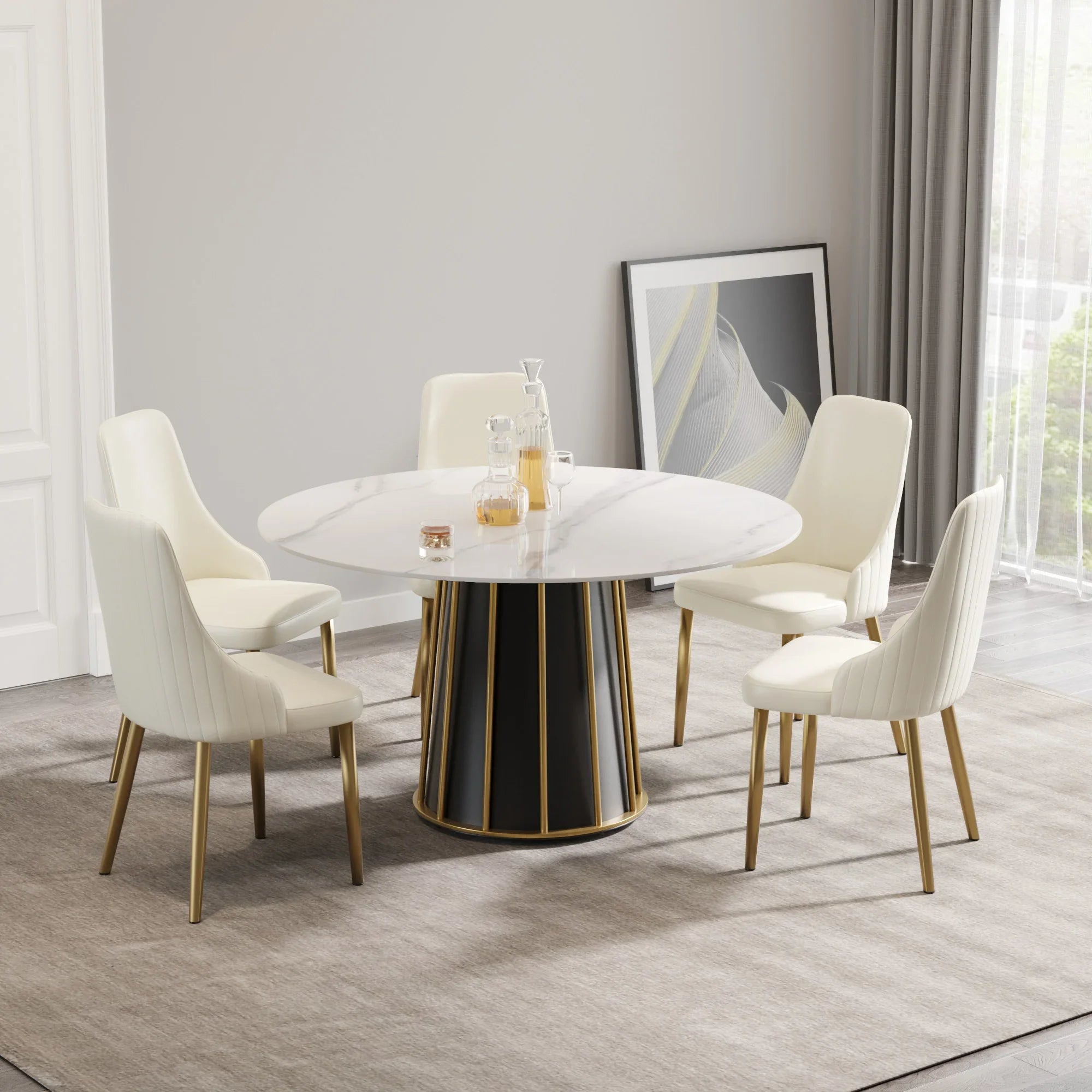 Table de salle à manger Marbella en pierre frittée | Ronde 53 cm, blanc brillant, avec piètement en métal