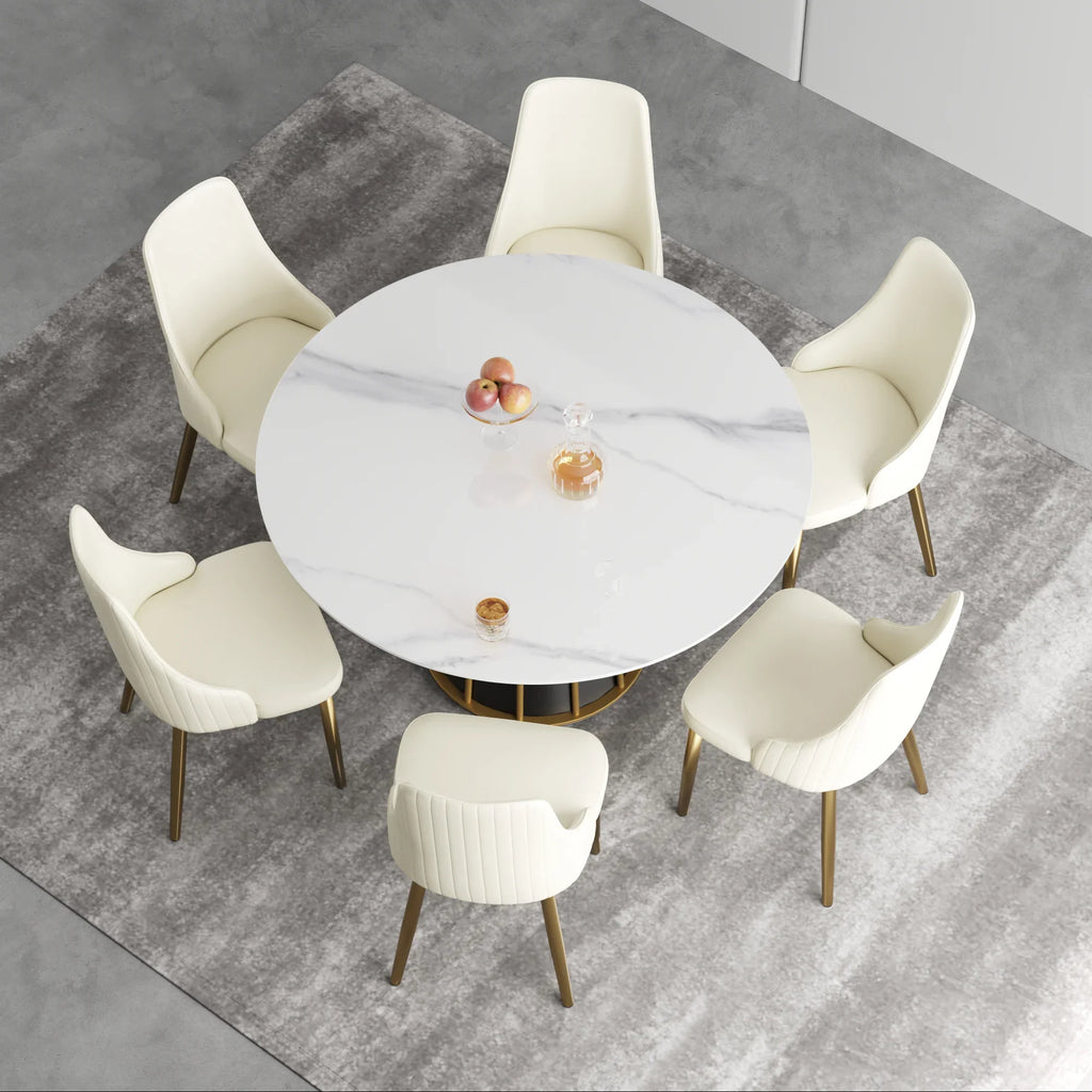 Table de salle à manger Marbella en pierre frittée | Ronde 53 cm, blanc brillant, avec piètement en métal