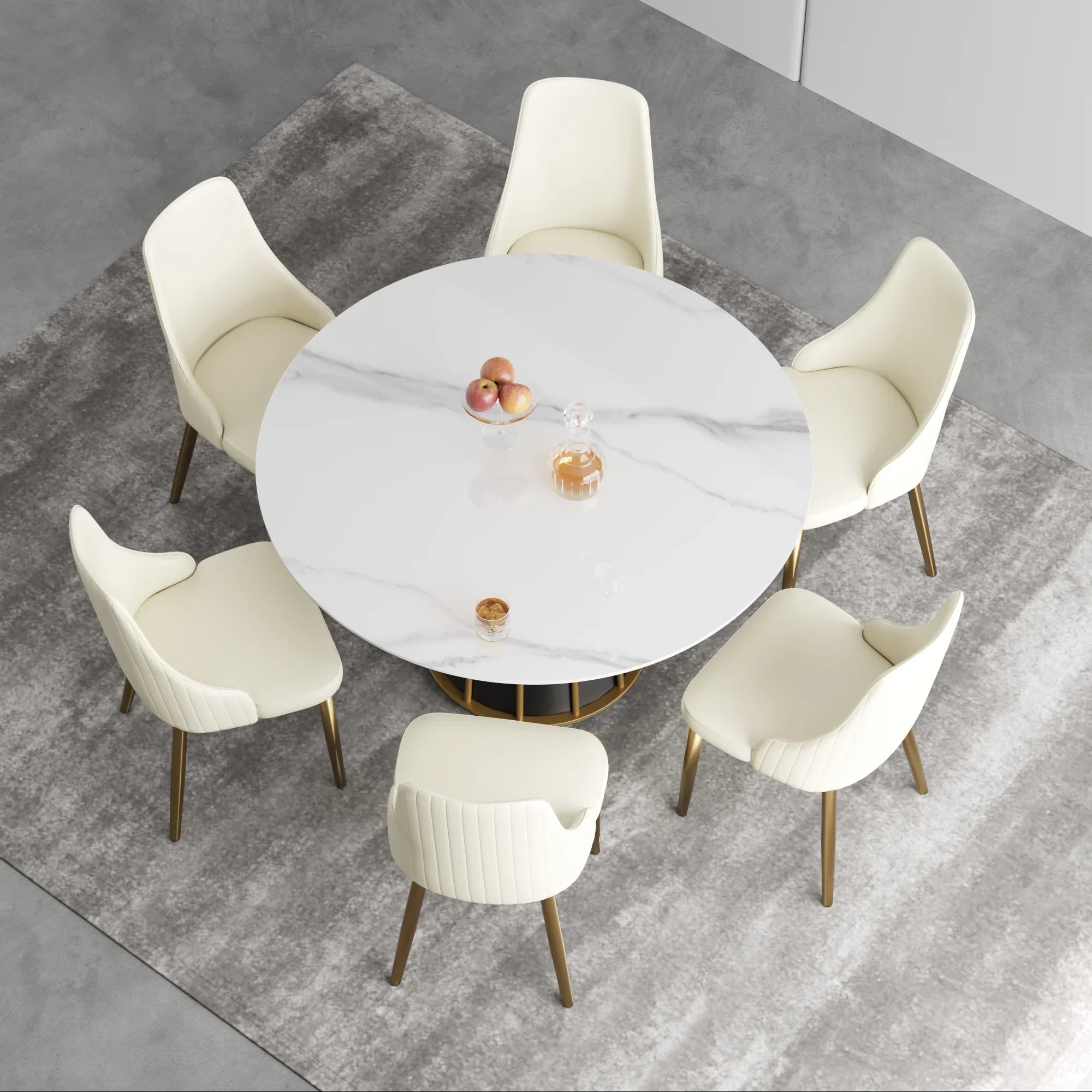 Table de salle à manger Marbella en pierre frittée | Ronde 53 cm, blanc brillant, avec piètement en métal