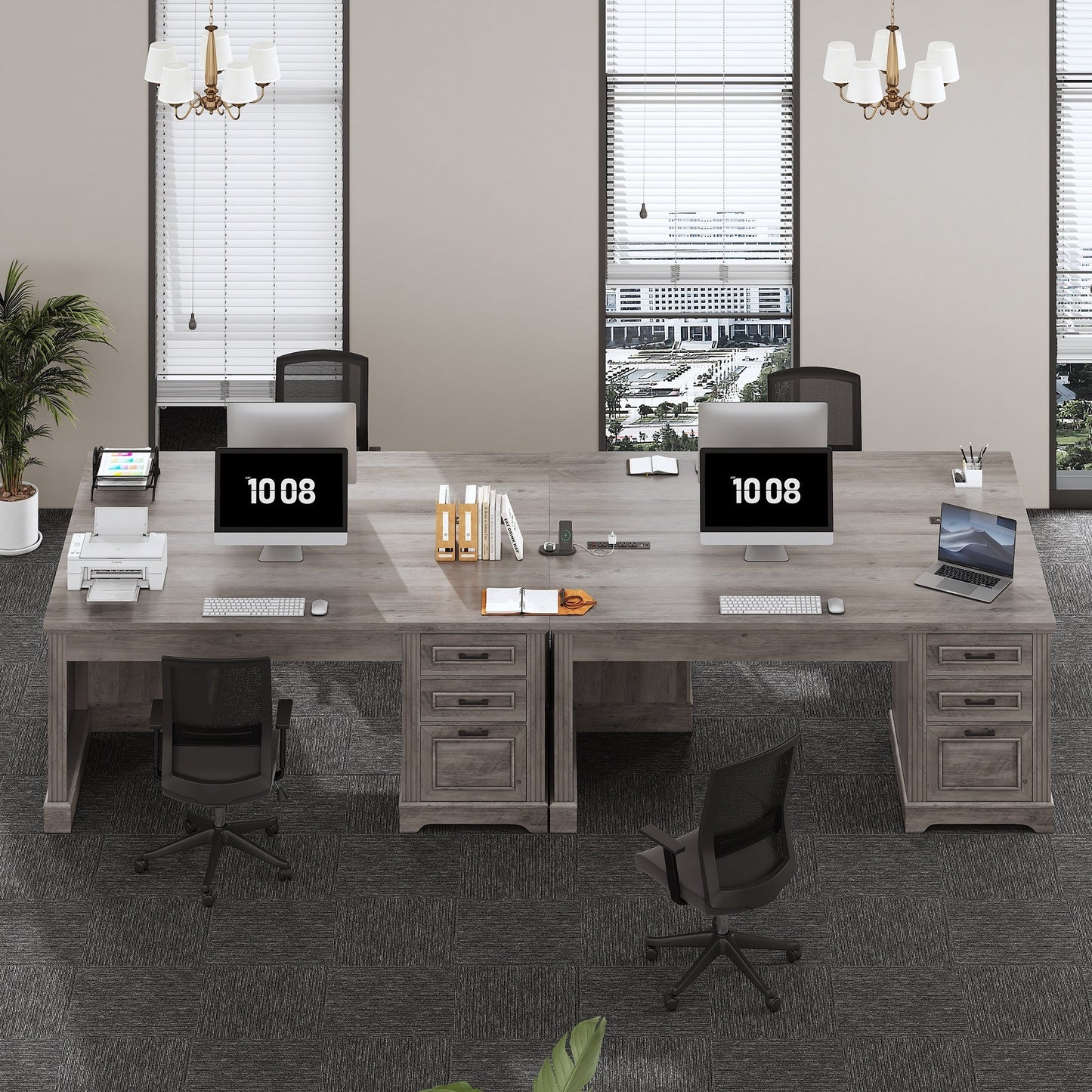 Farmhouse Executive Desk Home Office Desk File Drawer Monitor Stand Power Outlet