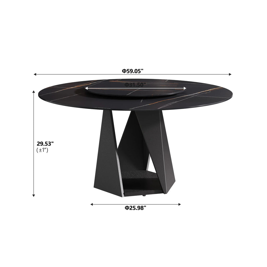 Table de salle à manger Marbella en pierre frittée | Ronde, 59 cm, noir mat, avec plateau tournant Lazy Susan