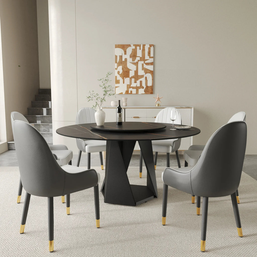Table de salle à manger Marbella en pierre frittée | Ronde, 59 cm, noir mat, avec plateau tournant Lazy Susan