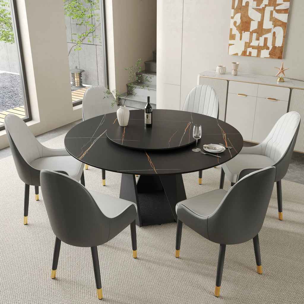 Table de salle à manger Marbella en pierre frittée | Ronde, 59 cm, noir mat, avec plateau tournant Lazy Susan
