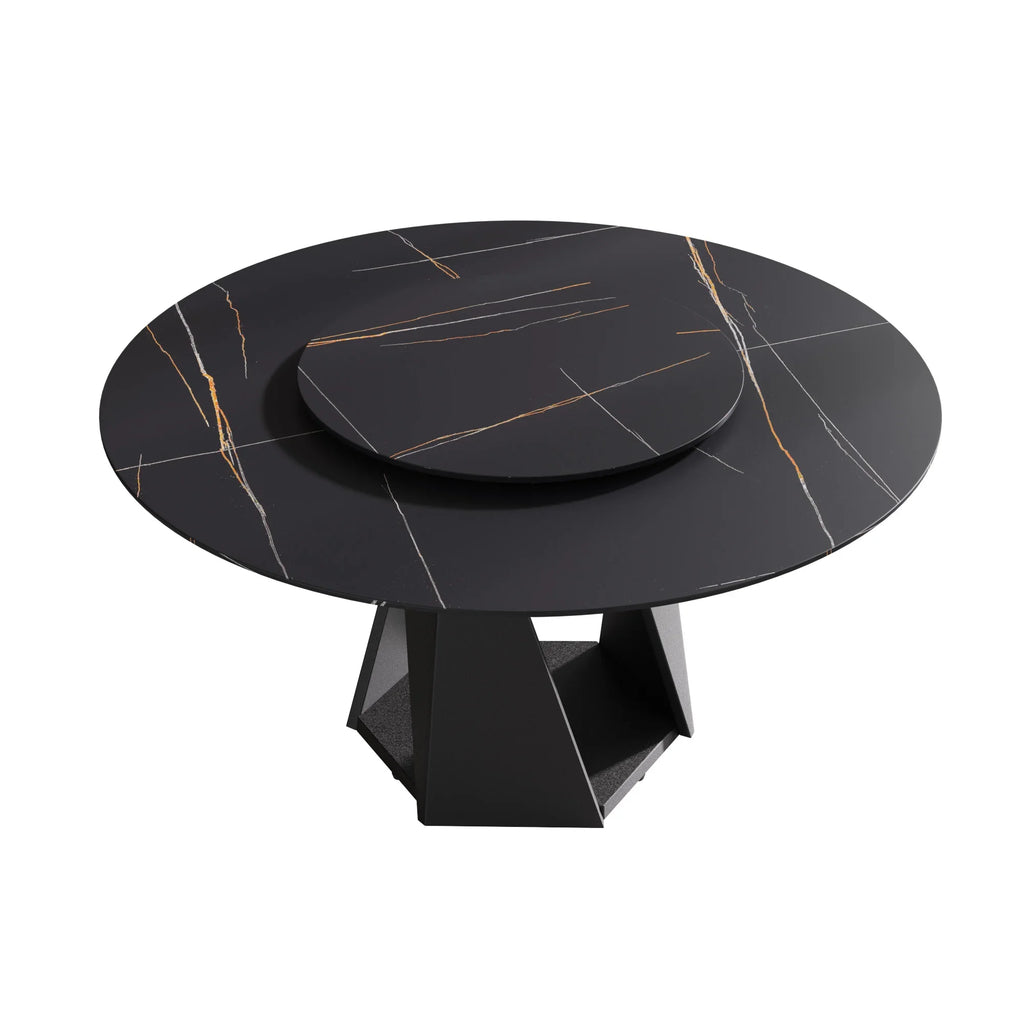 Table de salle à manger Marbella en pierre frittée | Ronde, 59 cm, noir mat, avec plateau tournant Lazy Susan