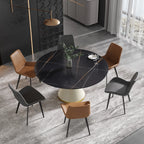 Table de salle à manger Marbella en pierre frittée | Ronde, 59 cm, noir mat, avec piètement recouvert de cuir