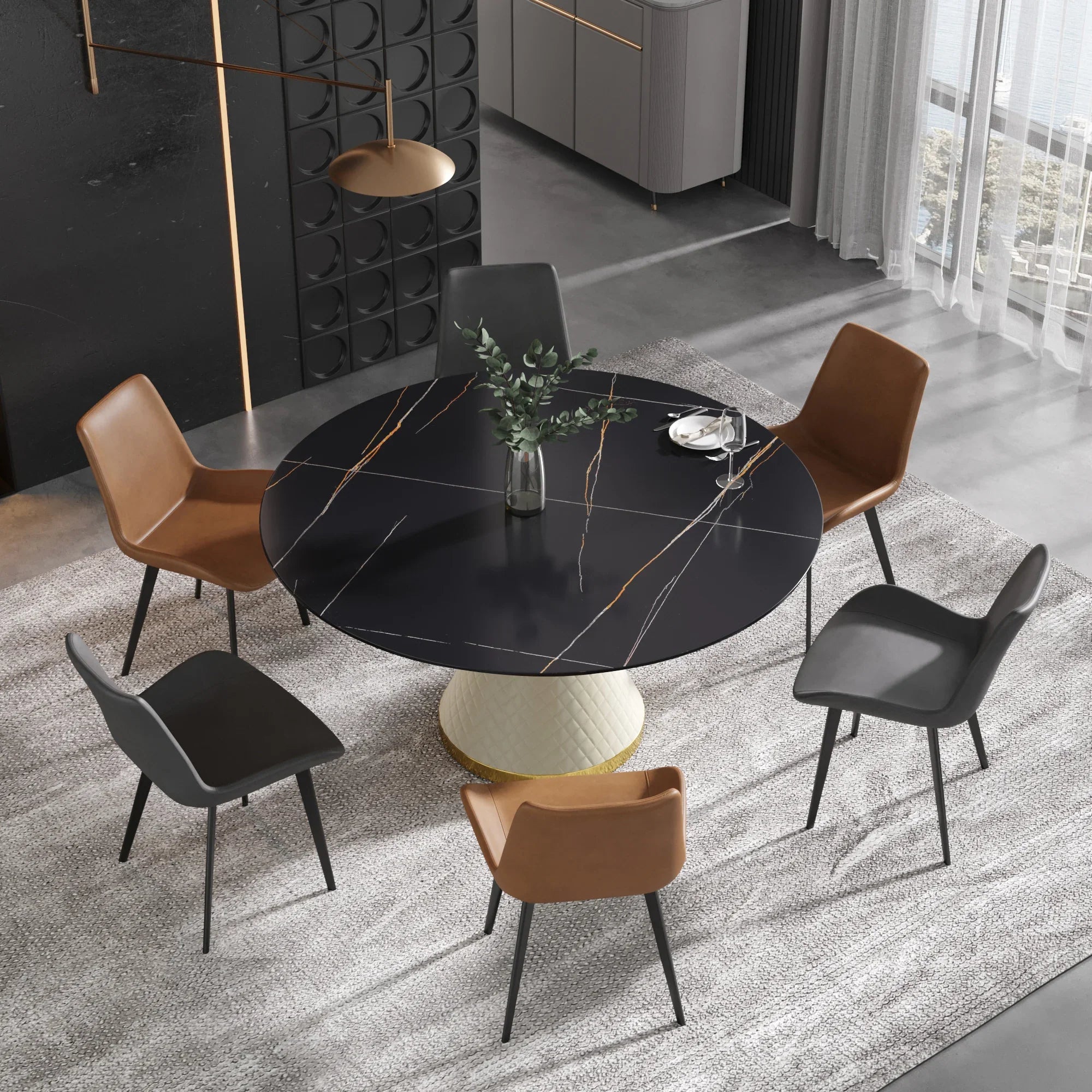 Table de salle à manger Marbella en pierre frittée | Ronde, 59 cm, noir mat, avec piètement recouvert de cuir
