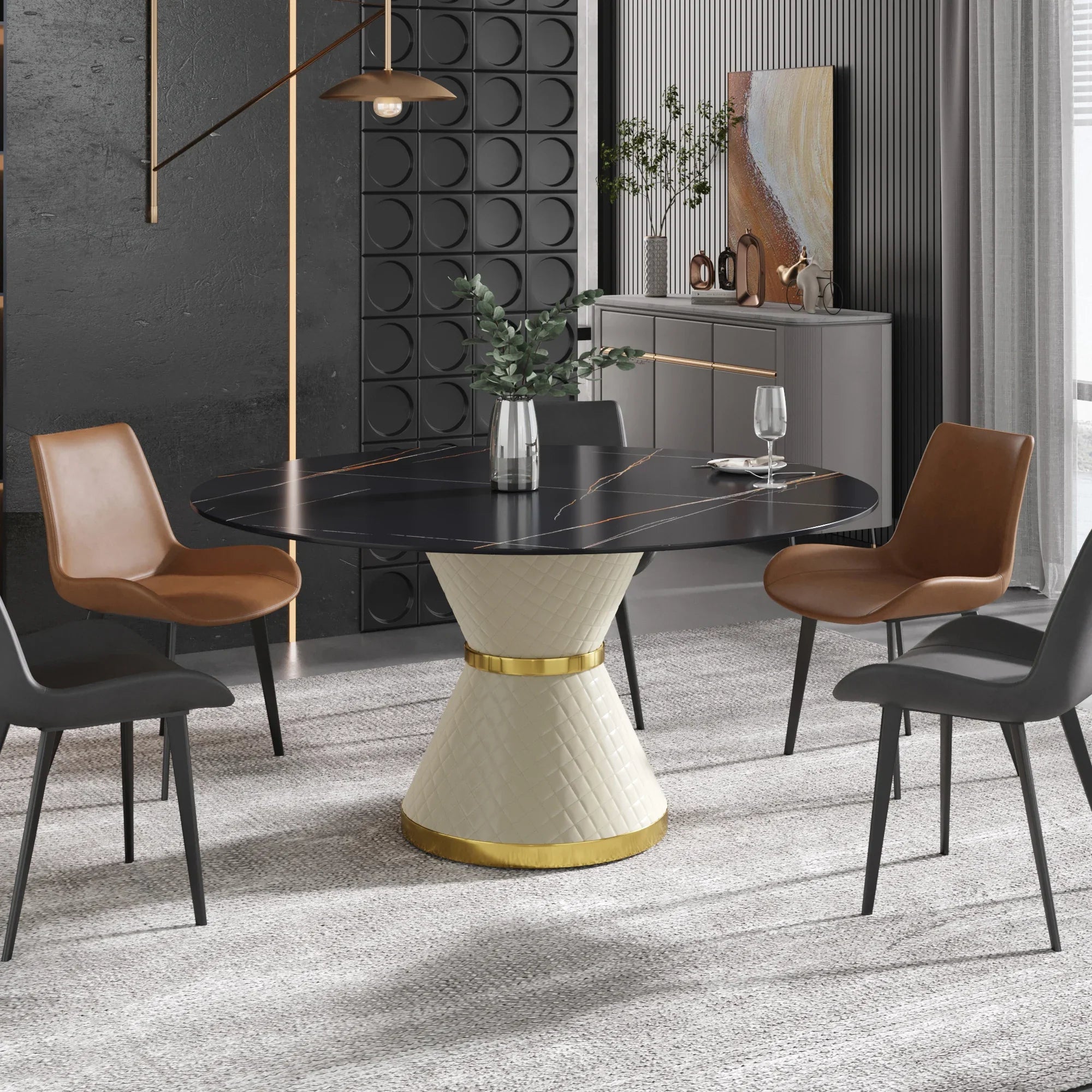 Table de salle à manger Marbella en pierre frittée | Ronde, 59 cm, noir mat, avec piètement recouvert de cuir