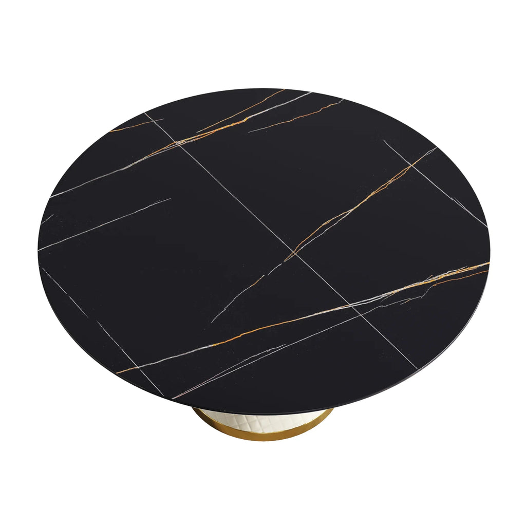 Table de salle à manger Marbella en pierre frittée | Ronde, 59 cm, noir mat, avec piètement recouvert de cuir