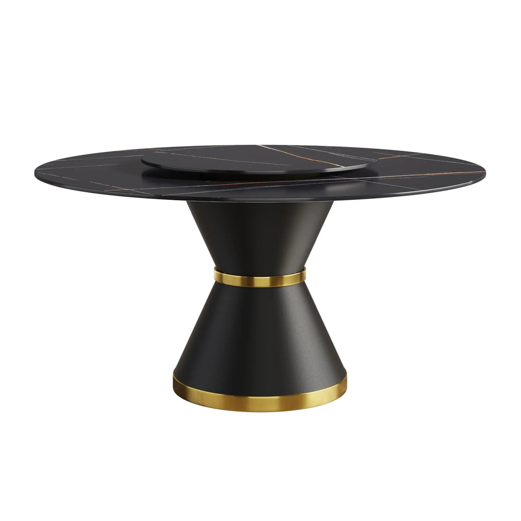 Table de salle à manger Marbella en pierre frittée | Ronde, 59 cm, noir mat, avec piètement en métal et plateau tournant