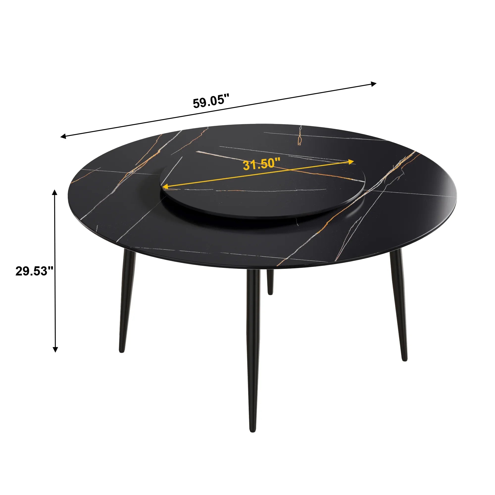 Table de salle à manger Marbella en pierre frittée | Ronde, 59 cm, noir mat, avec piètement en métal et plateau tournant