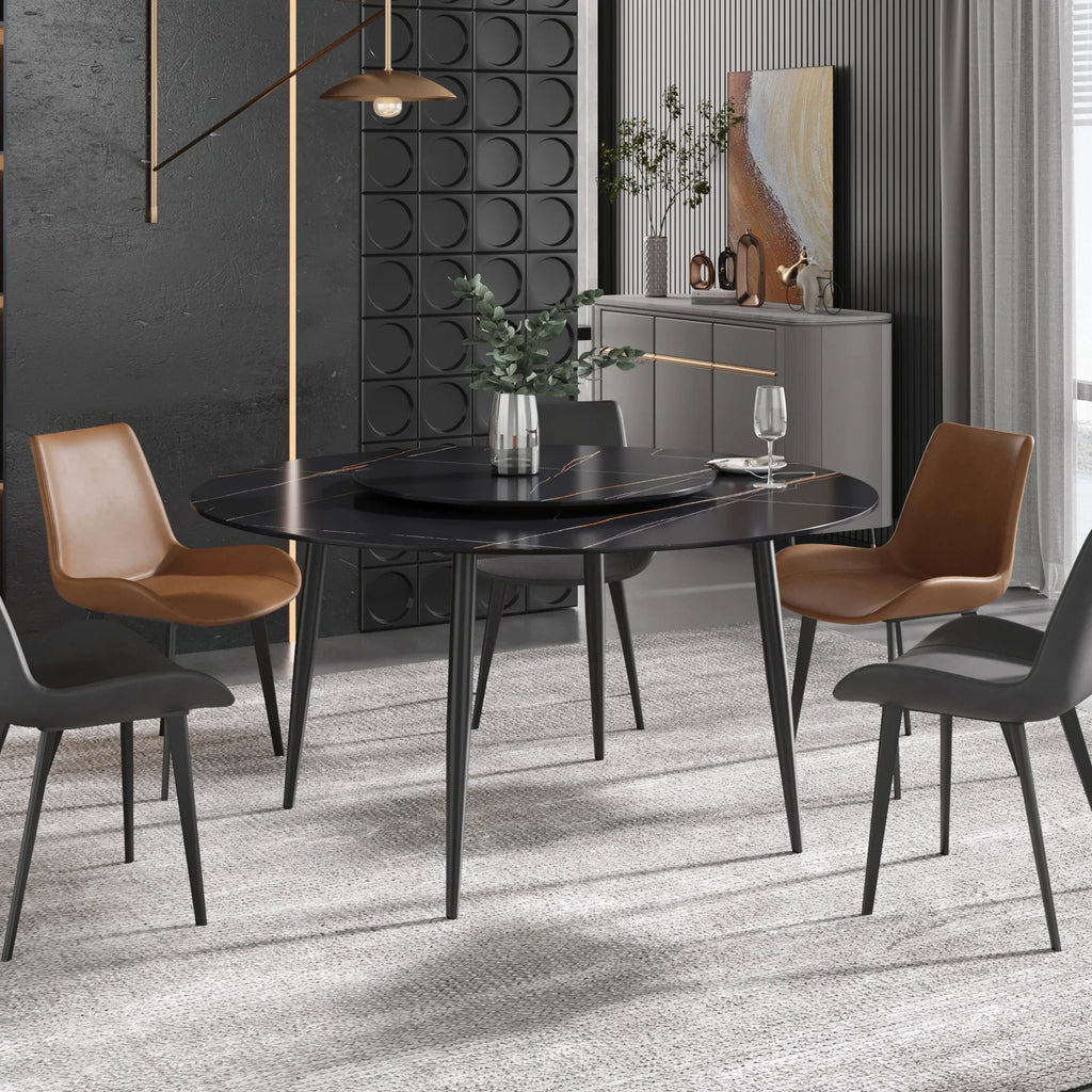 Table de salle à manger Marbella en pierre frittée | Ronde, 59 cm, noir mat, avec piètement en métal et plateau tournant