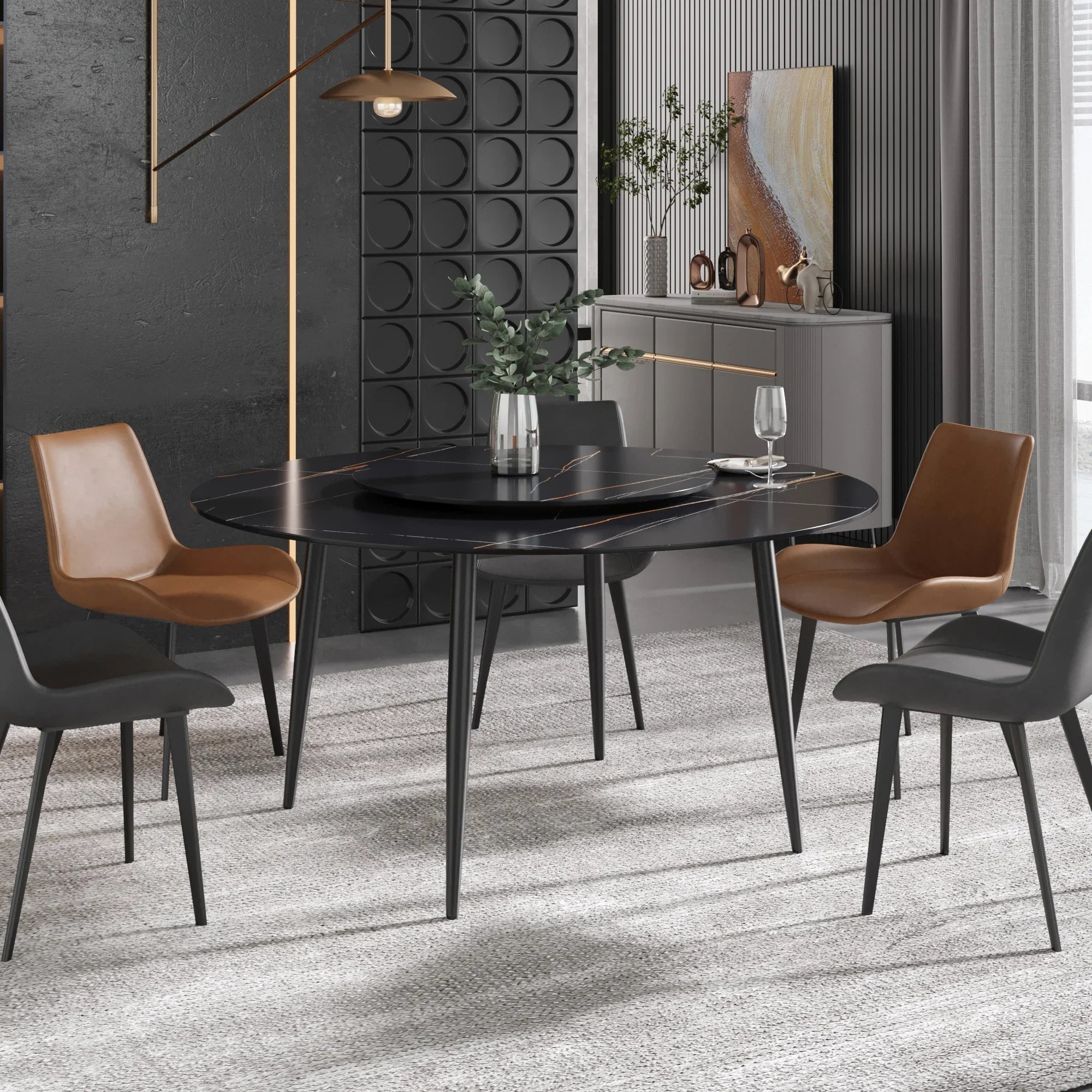 Table de salle à manger Marbella en pierre frittée | Ronde, 59 cm, noir mat, avec piètement en métal et plateau tournant