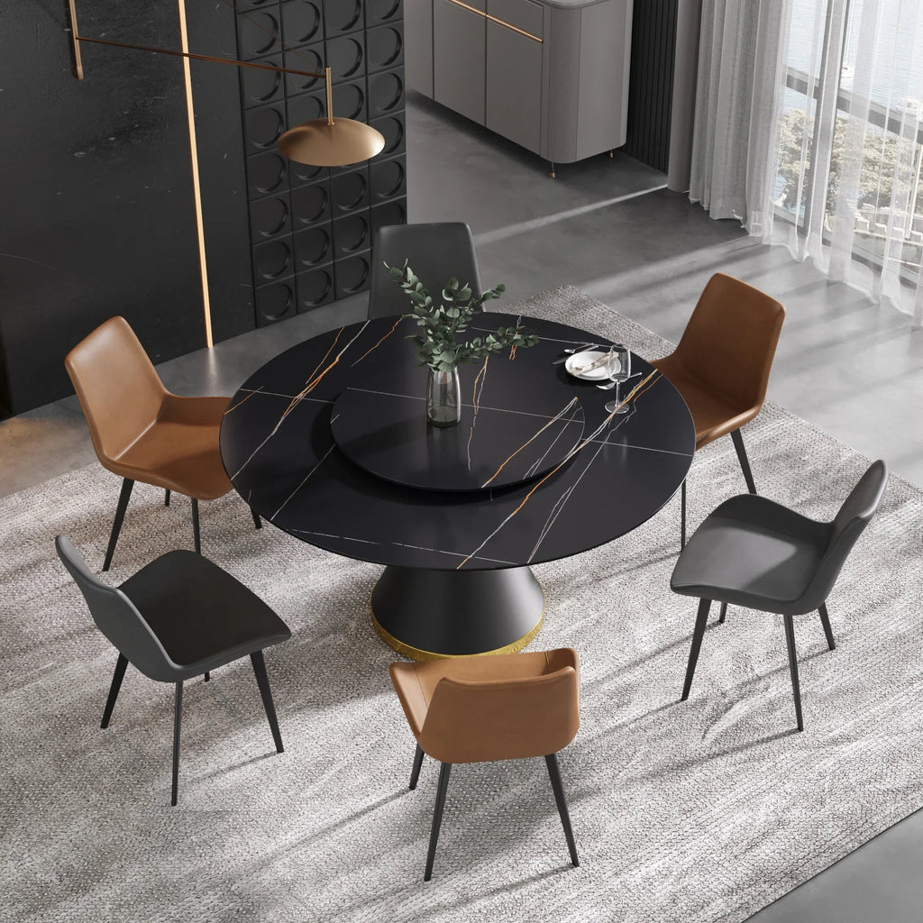 Table de salle à manger Marbella en pierre frittée | Ronde, 59 cm, noir mat, avec piètement en métal et plateau tournant