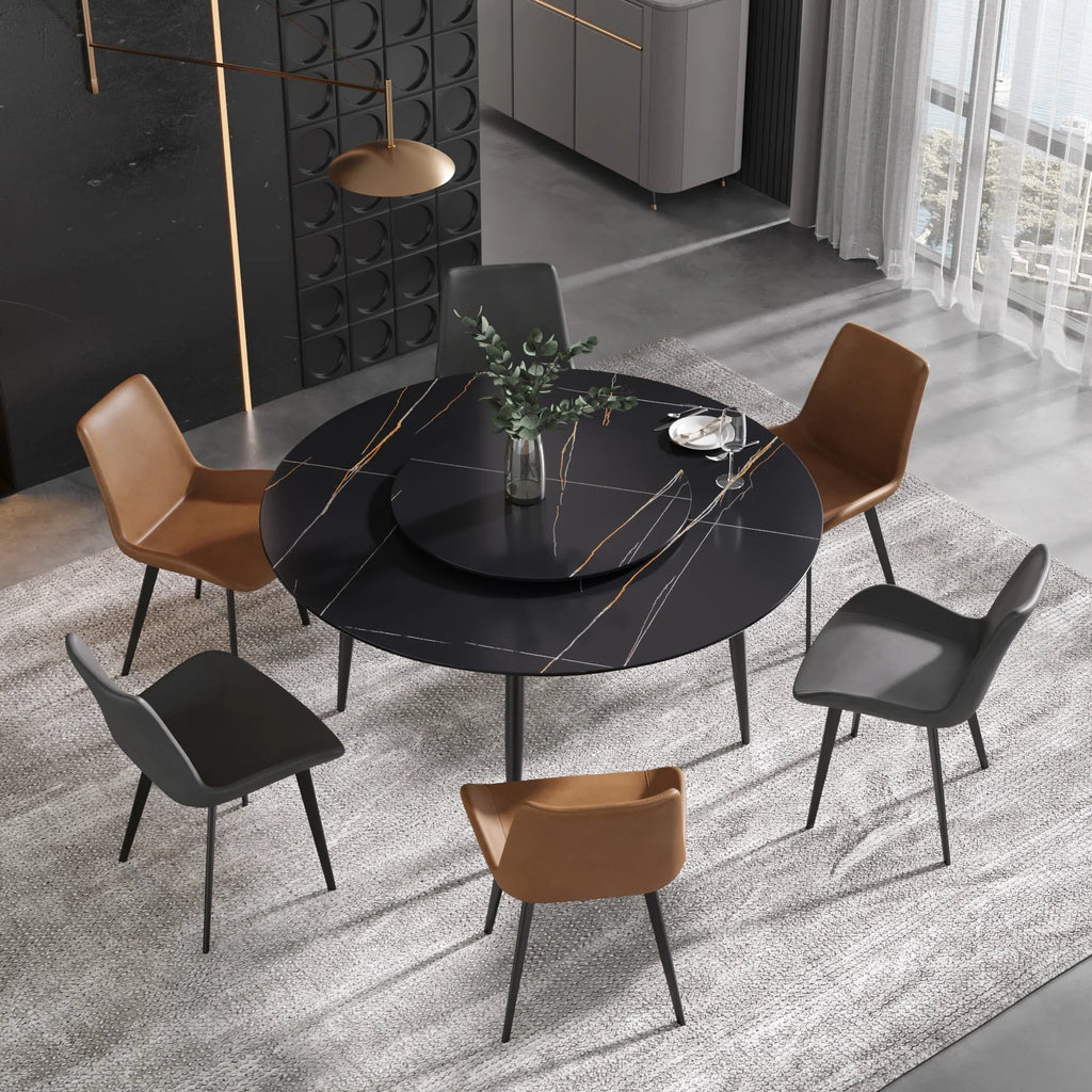 Table de salle à manger Marbella en pierre frittée | Ronde, 59 cm, noir mat, avec piètement en métal et plateau tournant