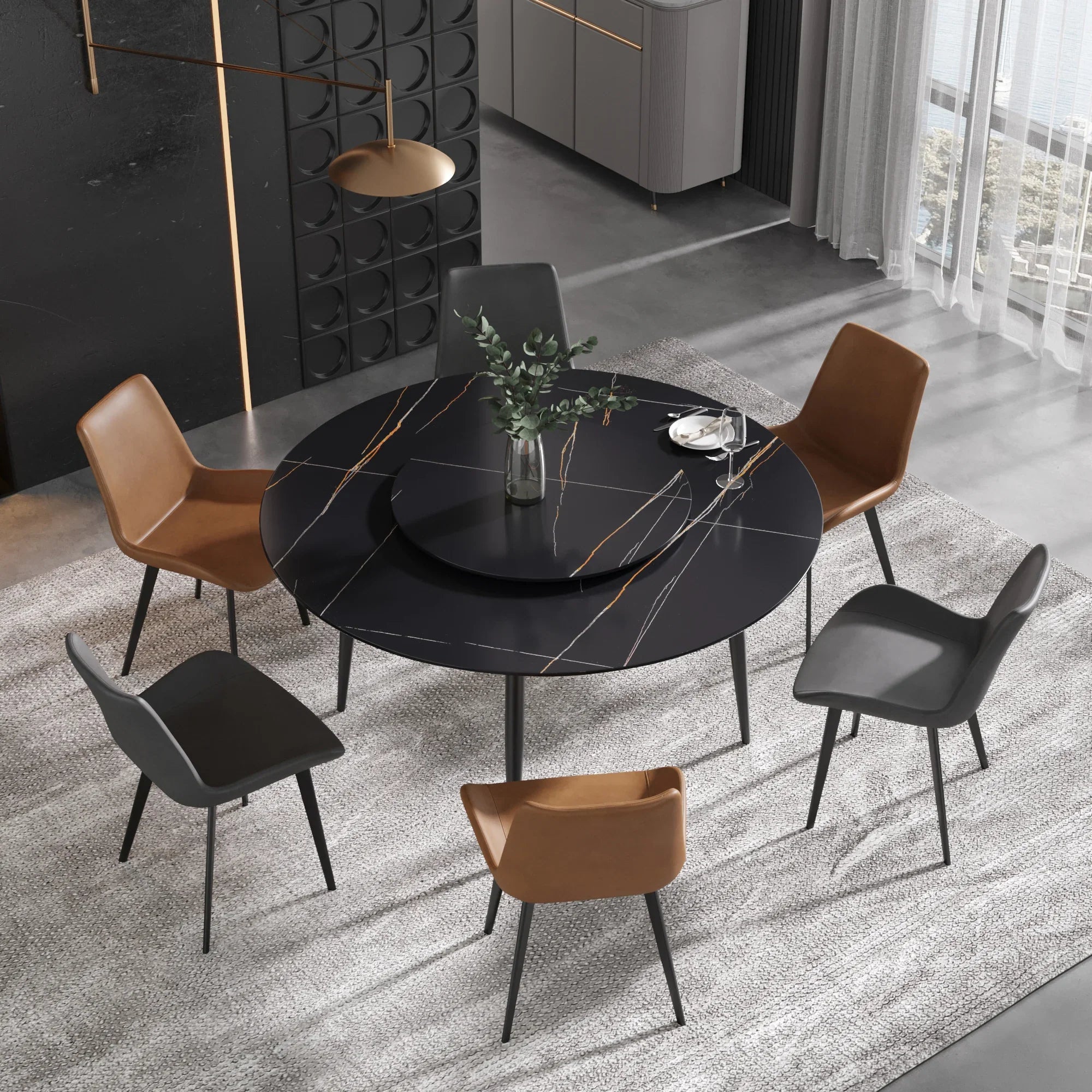 Table de salle à manger Marbella en pierre frittée | Ronde, 59 cm, noir mat, avec piètement en métal et plateau tournant