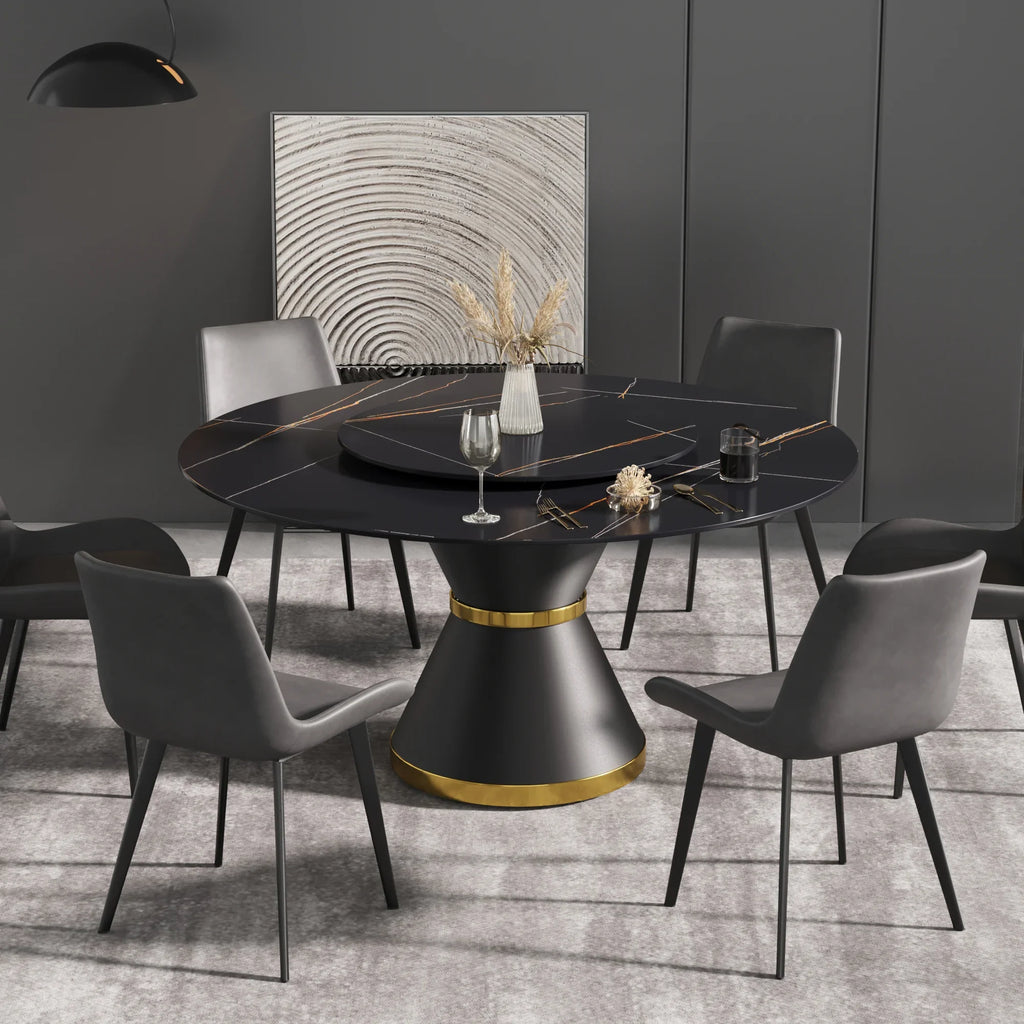 Table de salle à manger Marbella en pierre frittée | Ronde, 59 cm, noir mat, avec piètement en métal et plateau tournant
