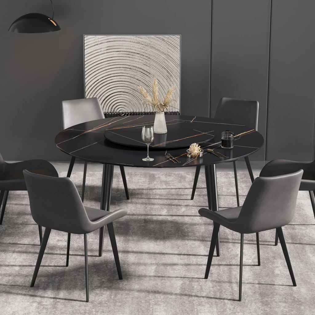 Table de salle à manger Marbella en pierre frittée | Ronde, 59 cm, noir mat, avec piètement en métal et plateau tournant