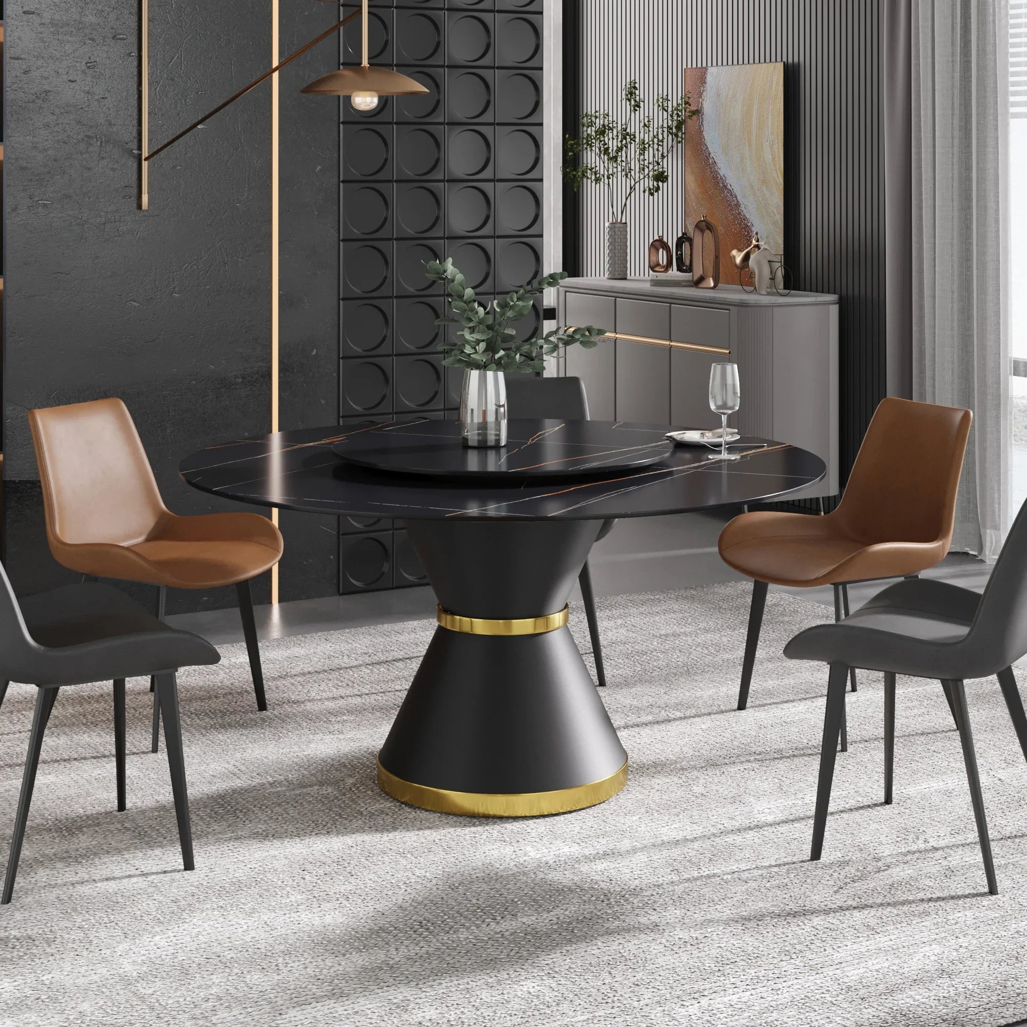 Table de salle à manger Marbella en pierre frittée | Ronde, 59 cm, noir mat, avec piètement en métal et plateau tournant