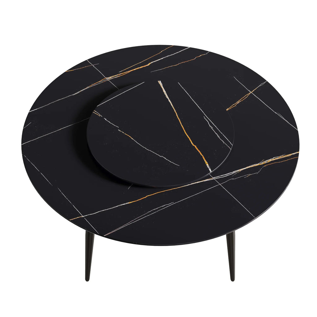 Table de salle à manger Marbella en pierre frittée | Ronde, 59 cm, noir mat, avec piètement en métal et plateau tournant