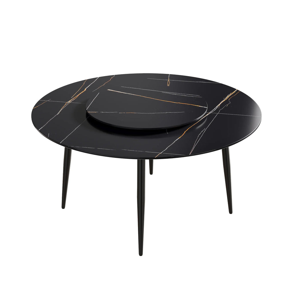 Table de salle à manger Marbella en pierre frittée | Ronde, 59 cm, noir mat, avec piètement en métal et plateau tournant