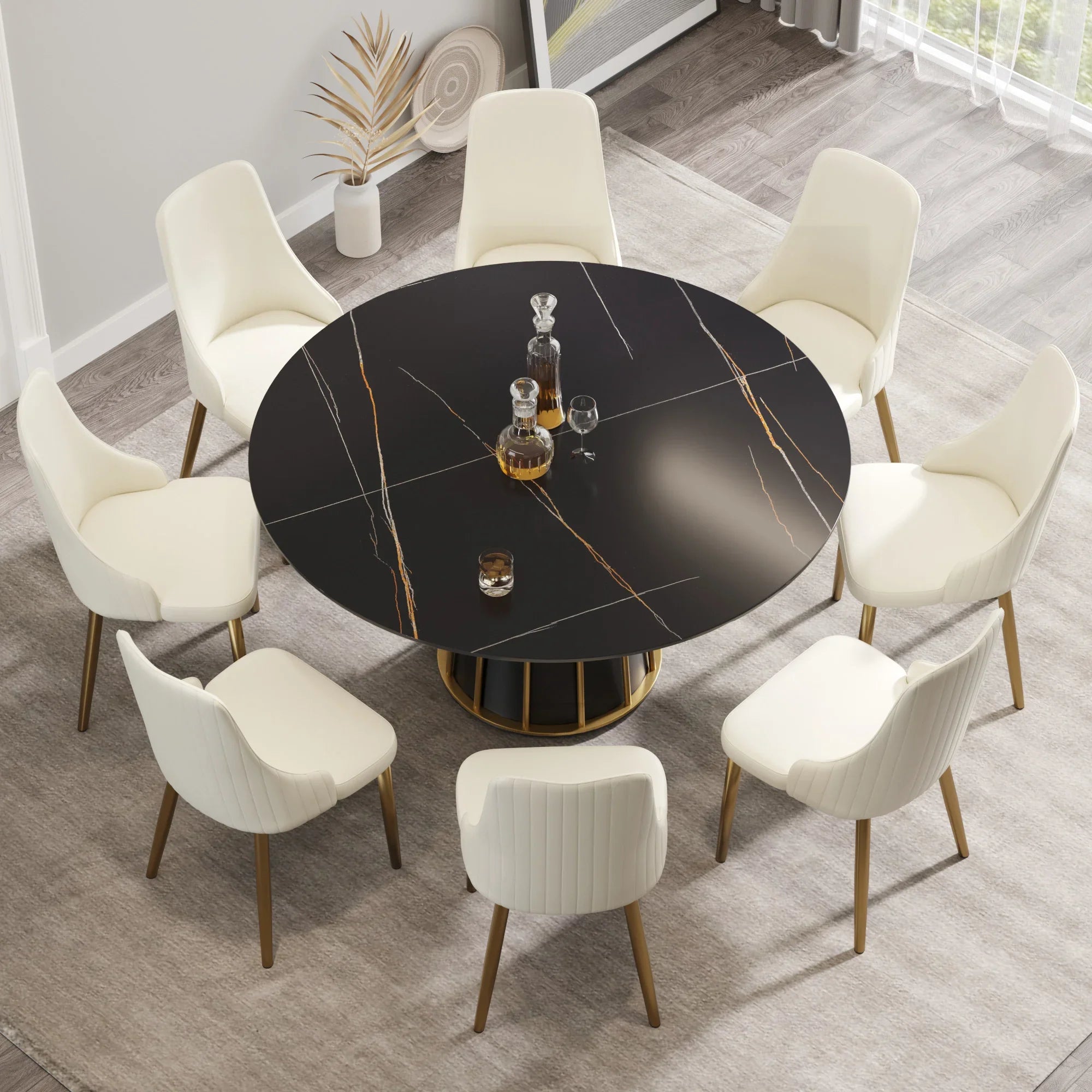Table de salle à manger Marbella en pierre frittée | Ronde, 59 cm, noir mat, avec piètement en métal