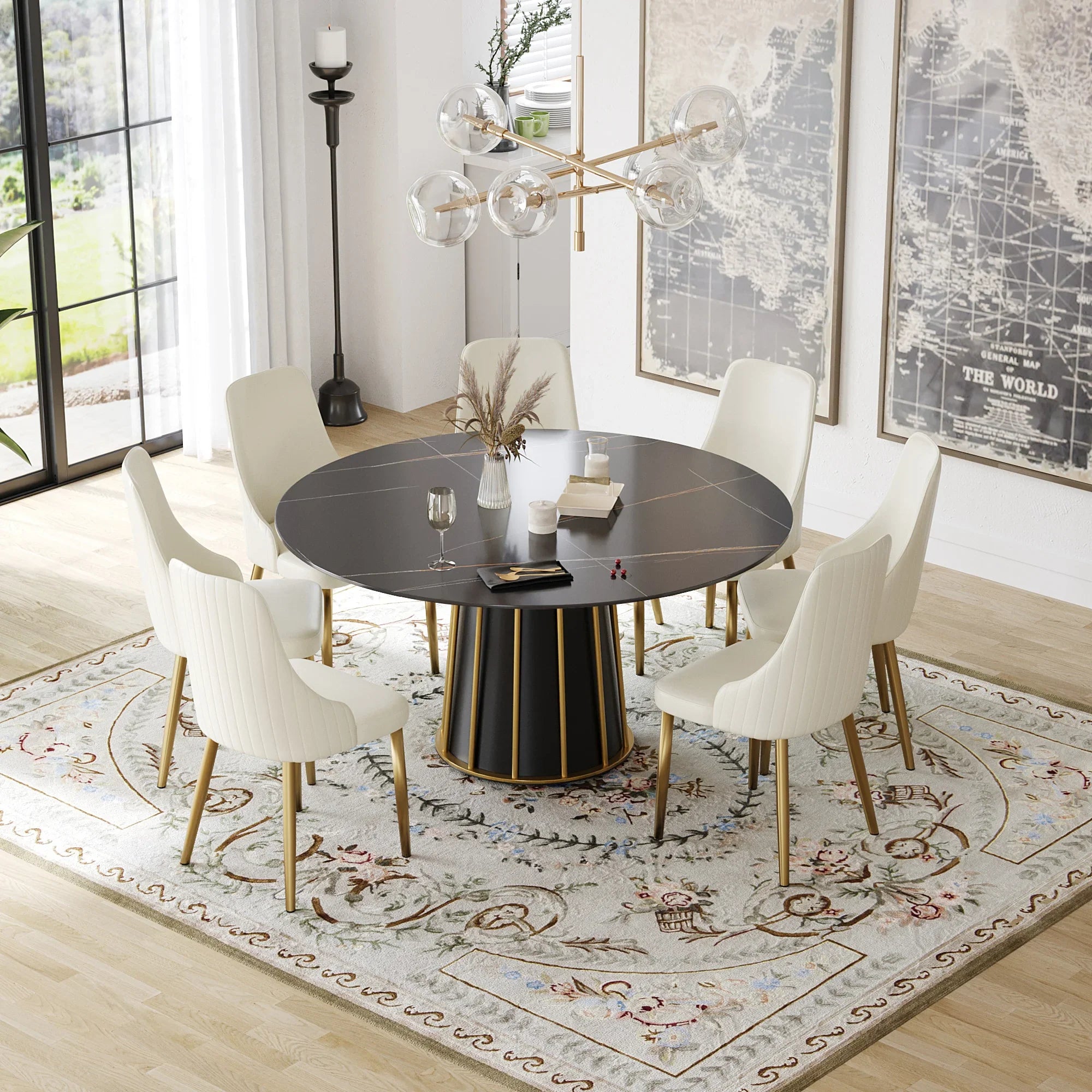 Table de salle à manger Marbella en pierre frittée | Ronde, 59 cm, noir mat, avec piètement en métal