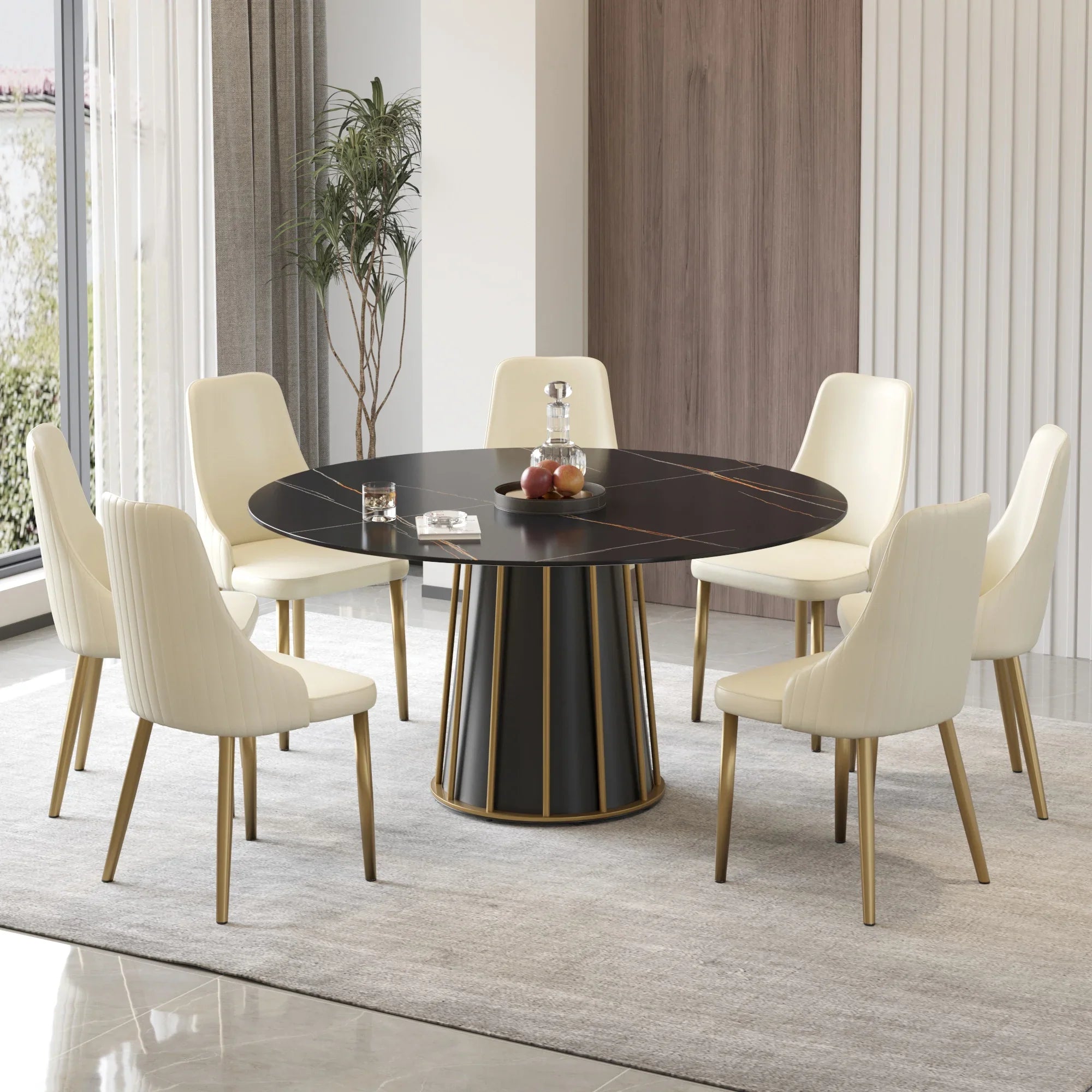 Table de salle à manger Marbella en pierre frittée | Ronde, 59 cm, noir mat, avec piètement en métal