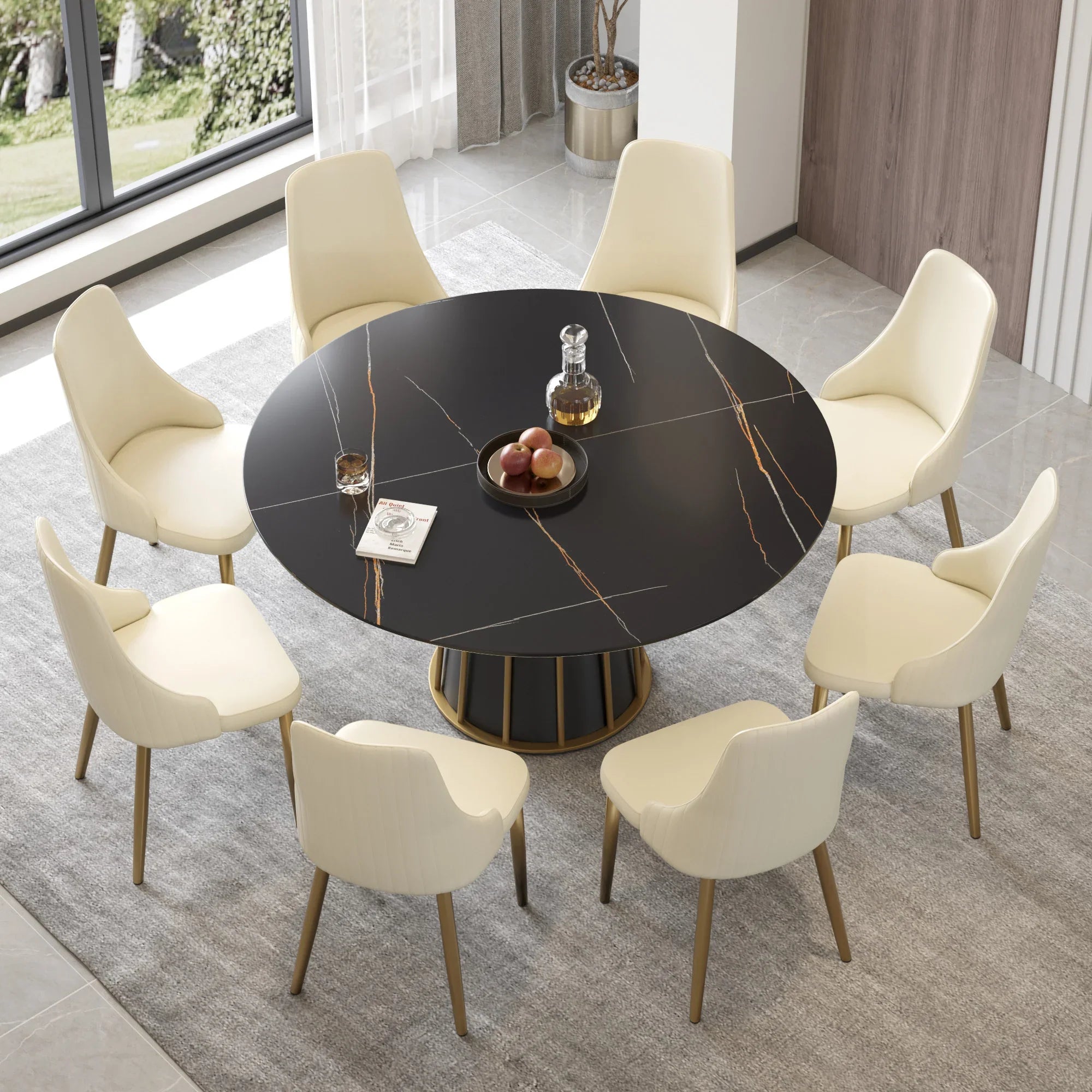 Table de salle à manger Marbella en pierre frittée | Ronde, 59 cm, noir mat, avec piètement en métal
