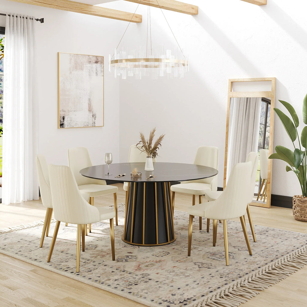 Table de salle à manger Marbella en pierre frittée | Ronde, 59 cm, noir mat, avec piètement en métal